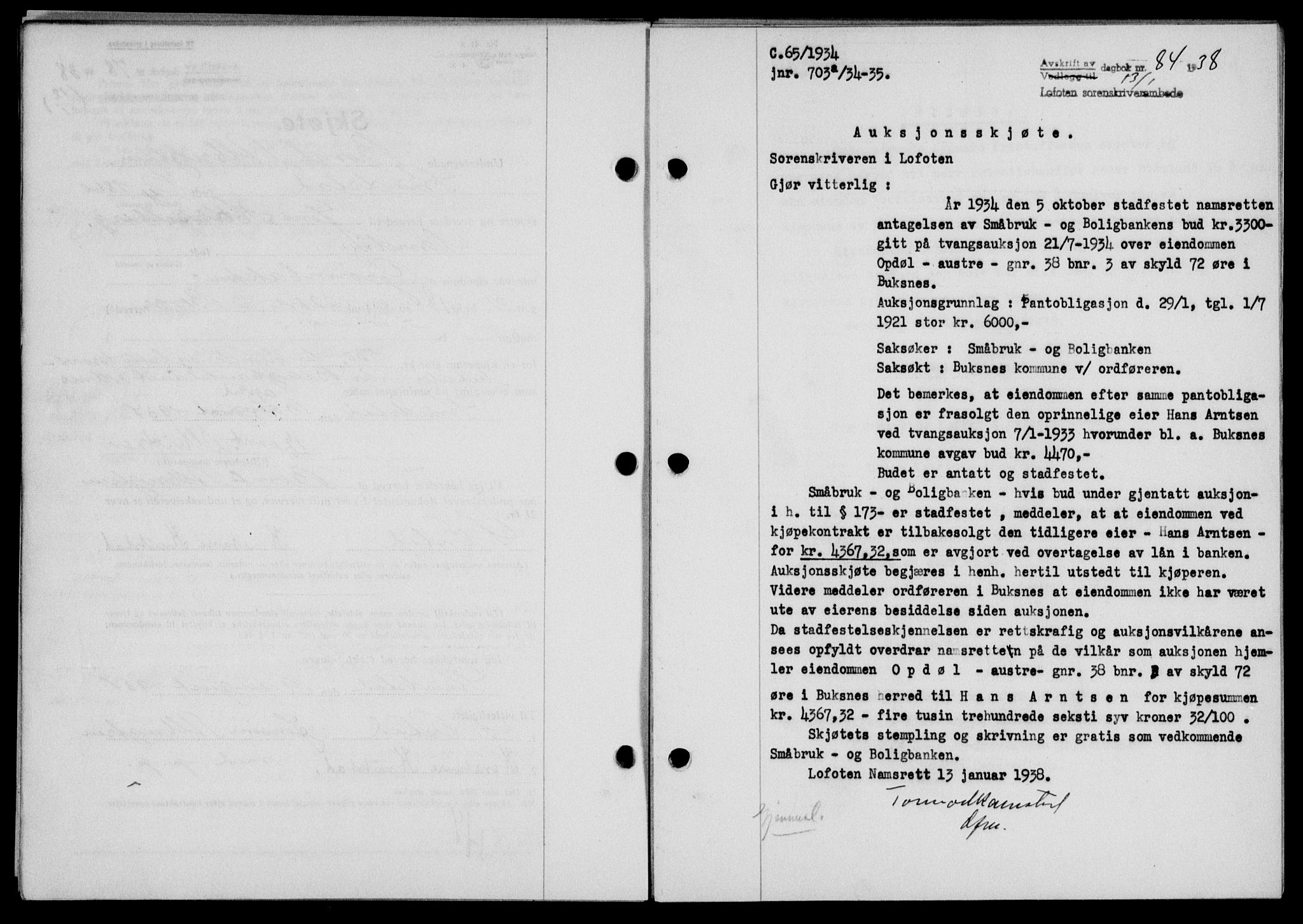 Lofoten sorenskriveri, SAT/A-0017/1/2/2C/L0003a: Mortgage book no. 3a, 1937-1938, Diary no: : 84/1938