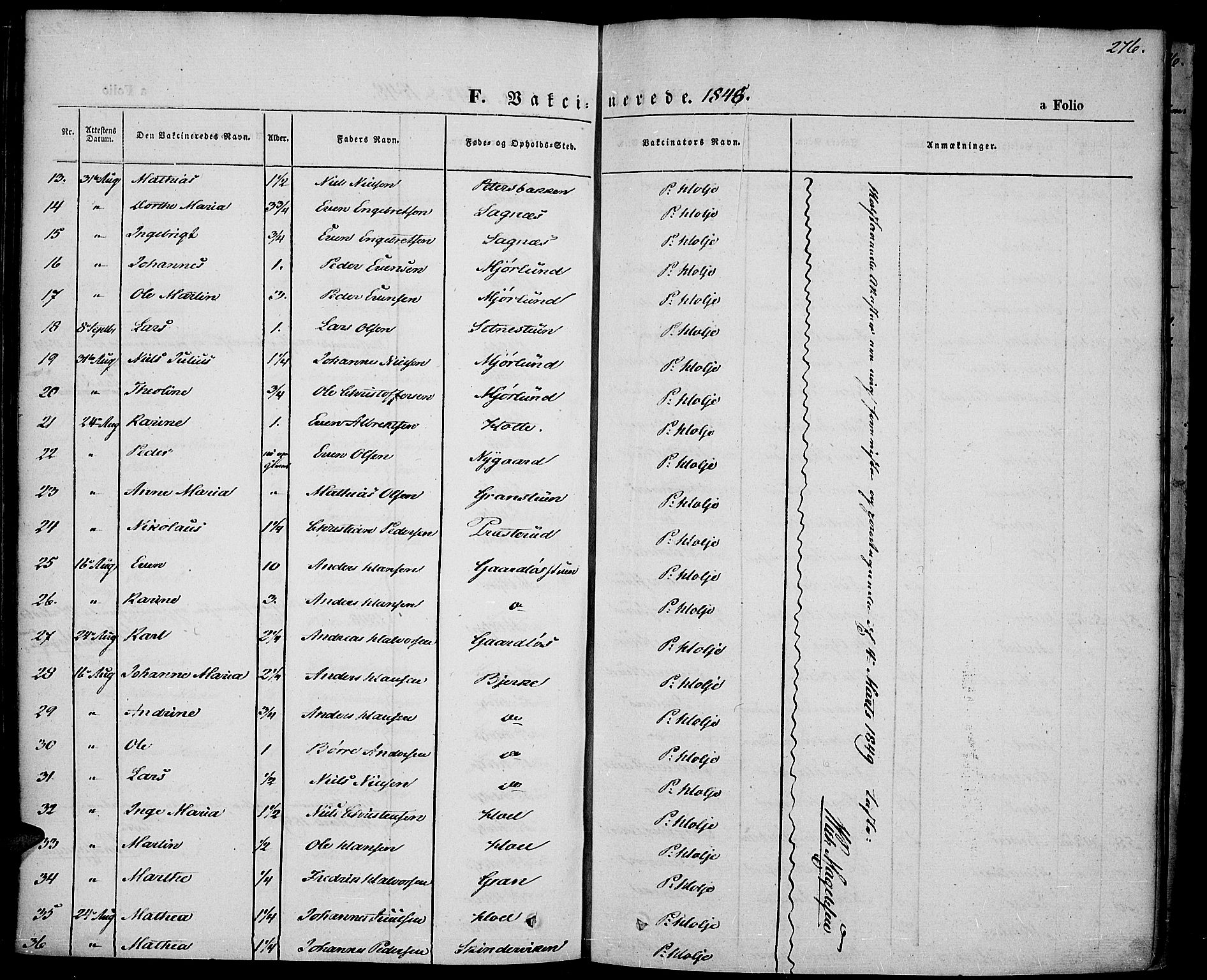 Vestre Toten prestekontor, SAH/PREST-108/H/Ha/Haa/L0004: Parish register (official) no. 4, 1844-1849, p. 276