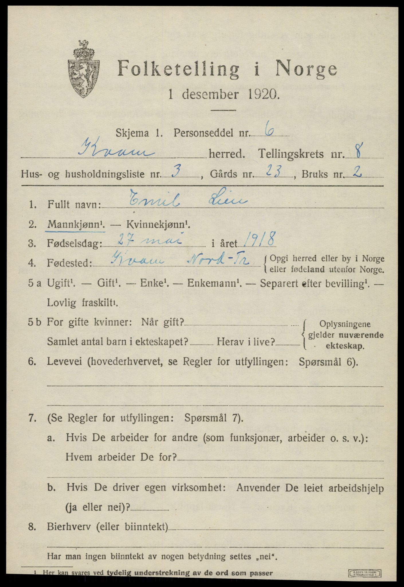 SAT, 1920 census for Kvam, 1920, p. 2021