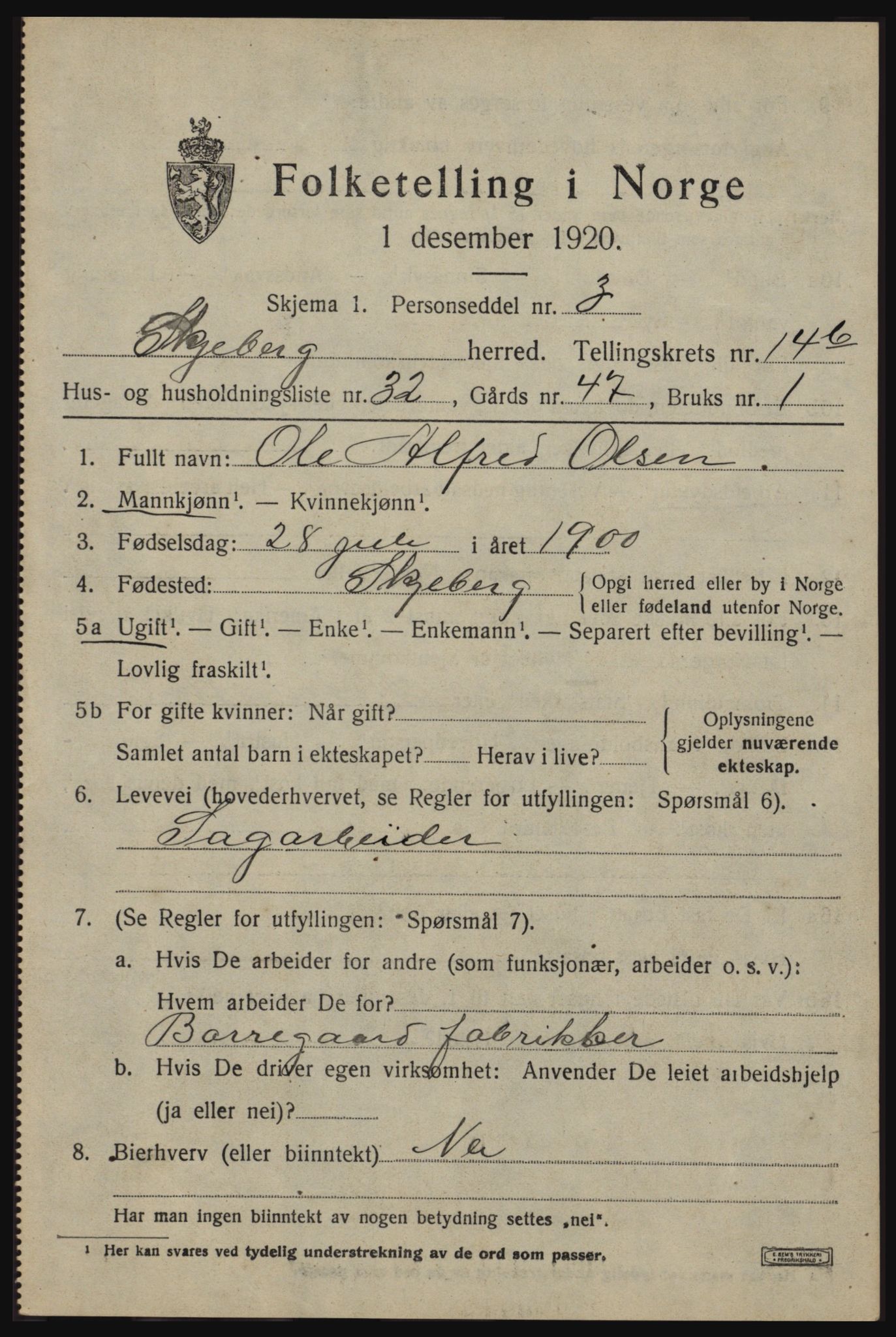SAO, 1920 census for Skjeberg, 1920, p. 14629