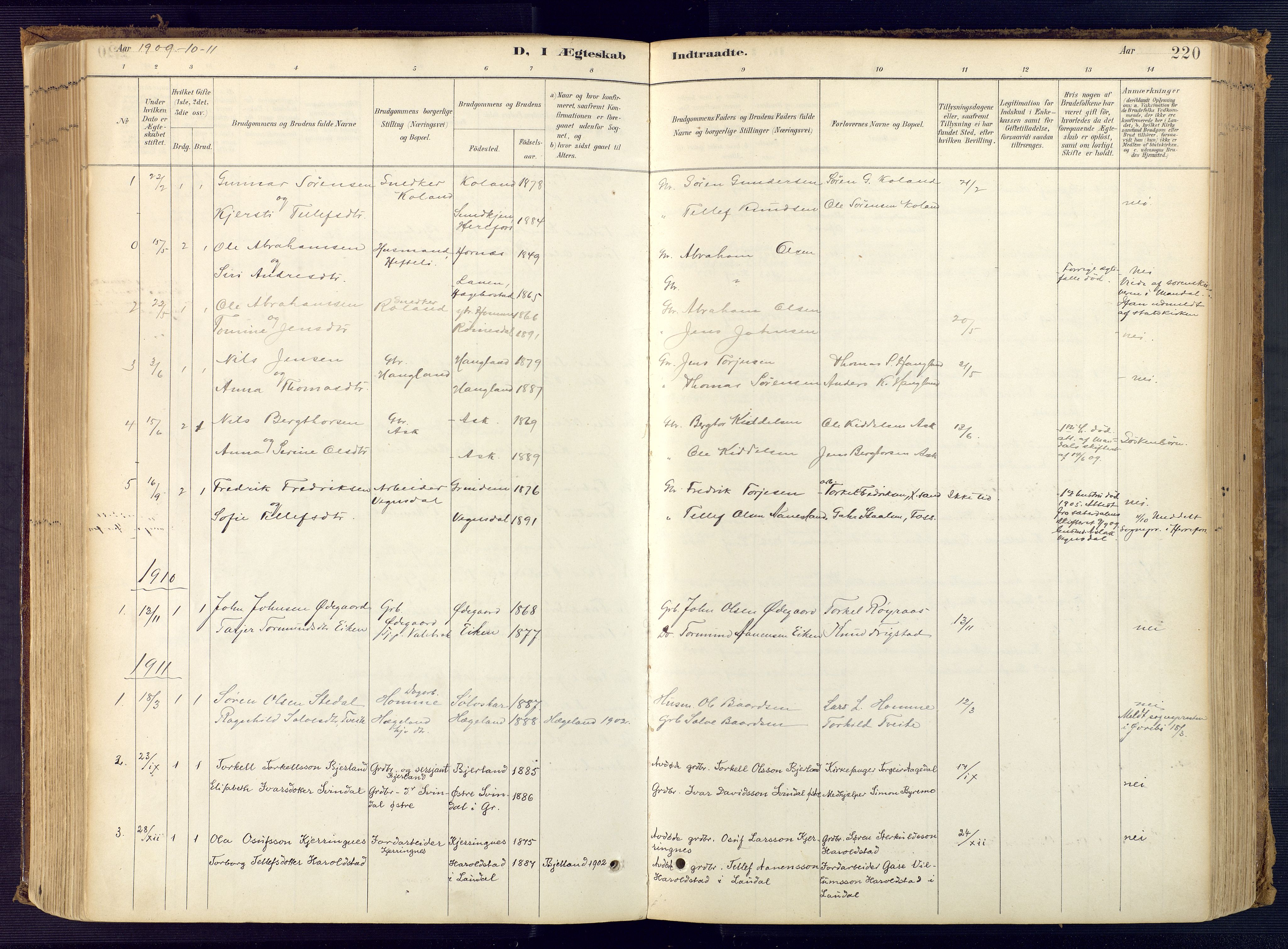 Bjelland sokneprestkontor, SAK/1111-0005/F/Fa/Faa/L0004: Parish register (official) no. A 4, 1887-1923, p. 220