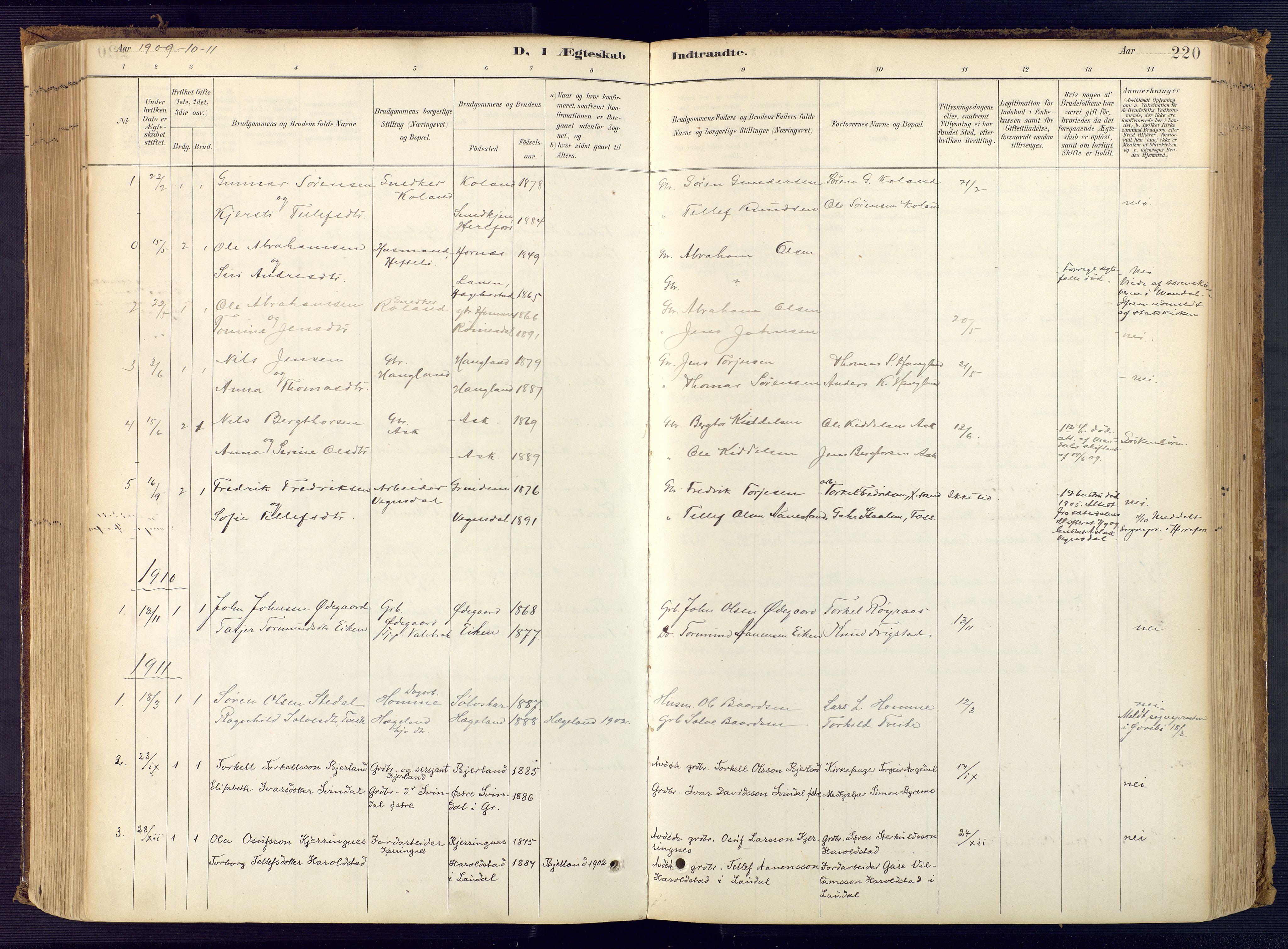 Bjelland sokneprestkontor, AV/SAK-1111-0005/F/Fa/Faa/L0004: Parish register (official) no. A 4, 1887-1923, p. 220