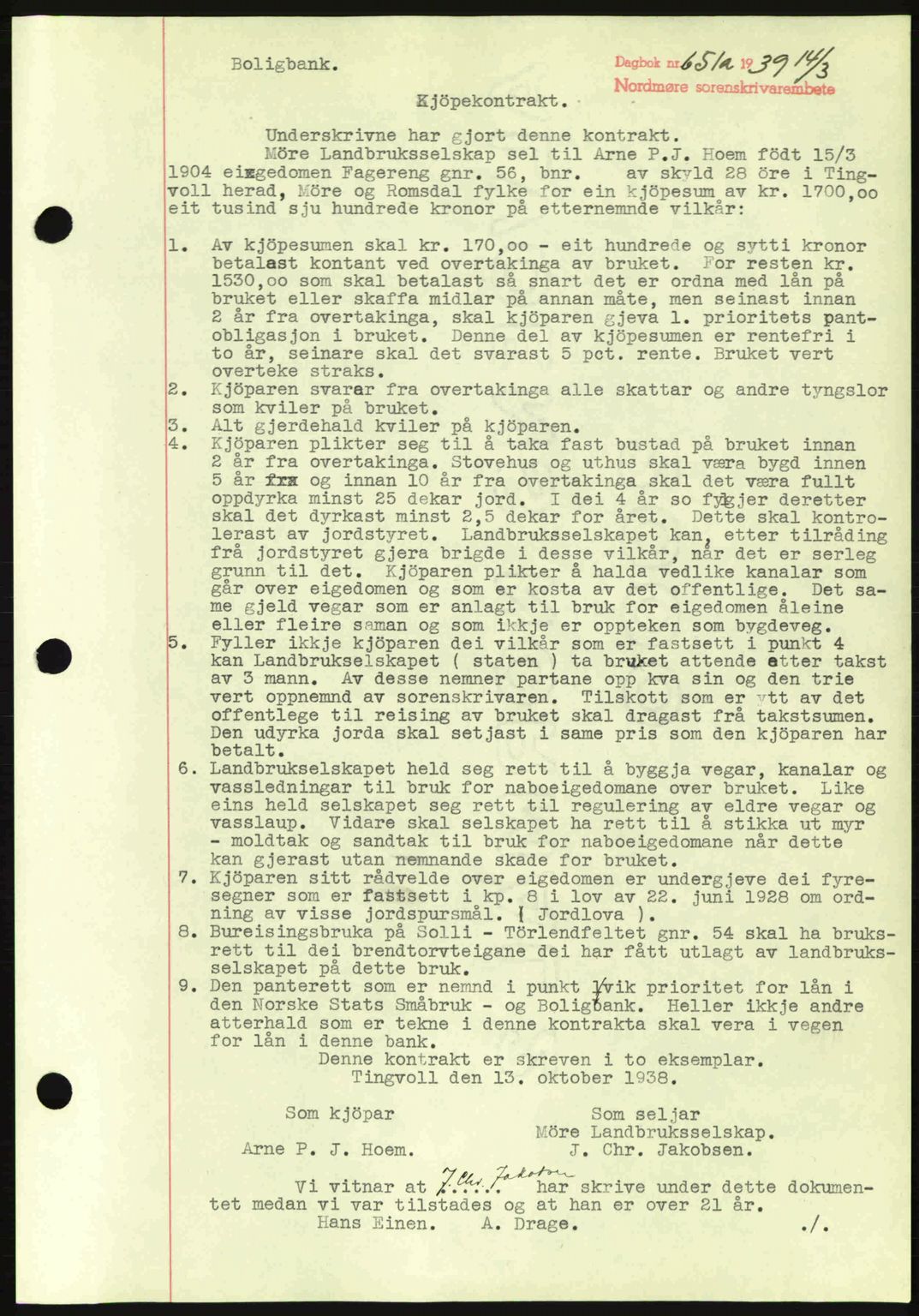 Nordmøre sorenskriveri, AV/SAT-A-4132/1/2/2Ca: Mortgage book no. B84, 1938-1939, Diary no: : 651/1939