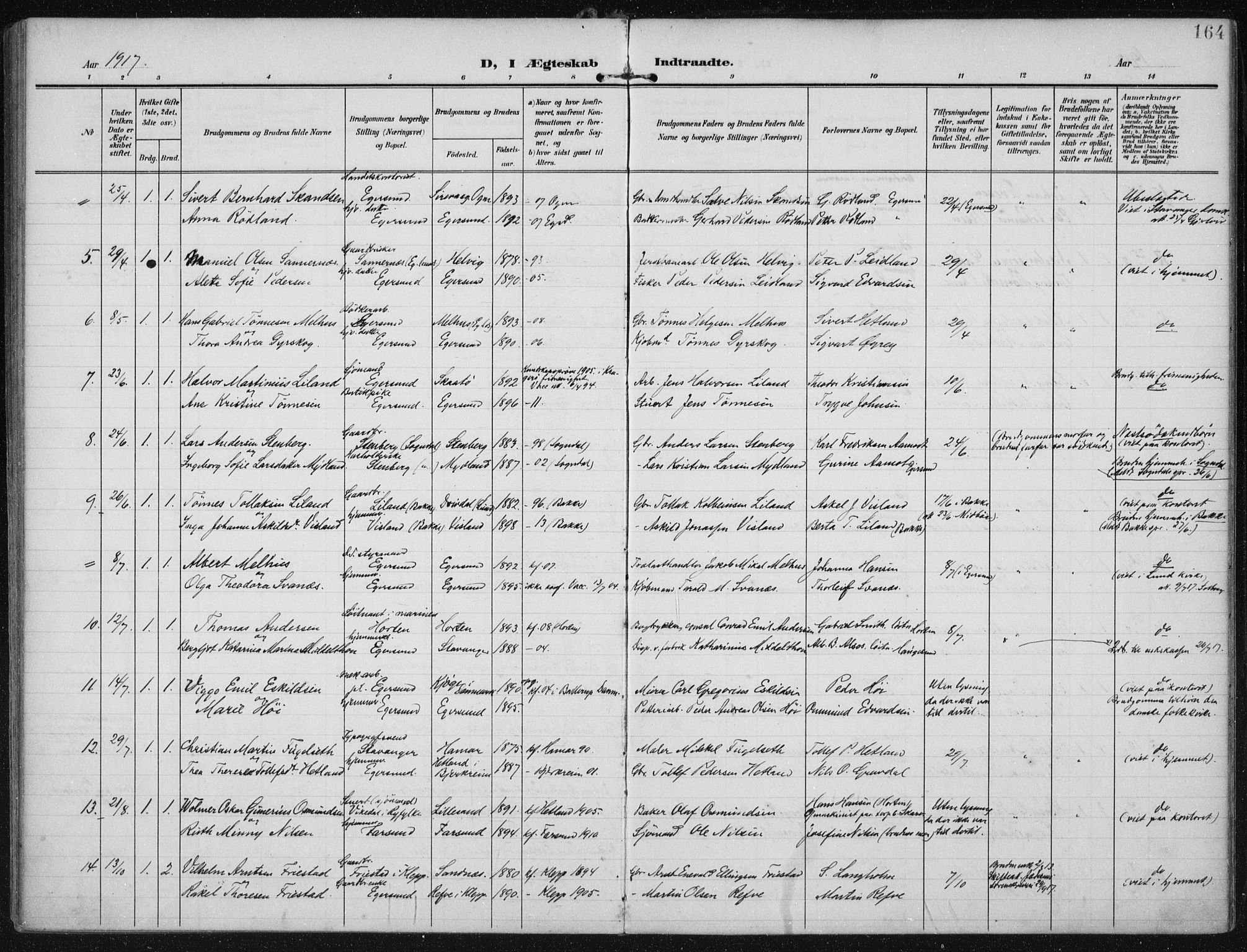 Eigersund sokneprestkontor, AV/SAST-A-101807/S08/L0022: Parish register (official) no. A 21, 1905-1928, p. 164