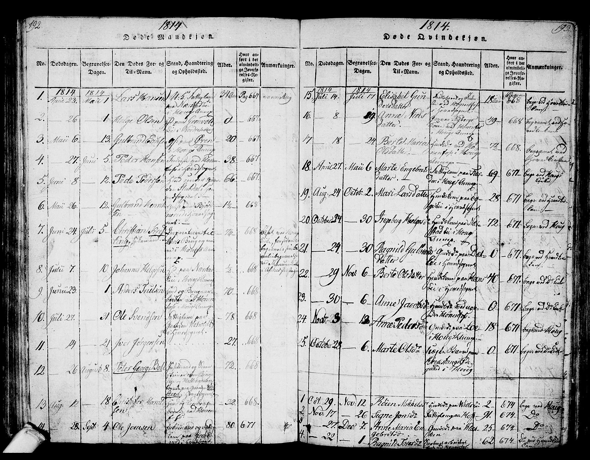 Norderhov kirkebøker, AV/SAKO-A-237/F/Fa/L0008: Parish register (official) no. 8, 1814-1833, p. 192-193