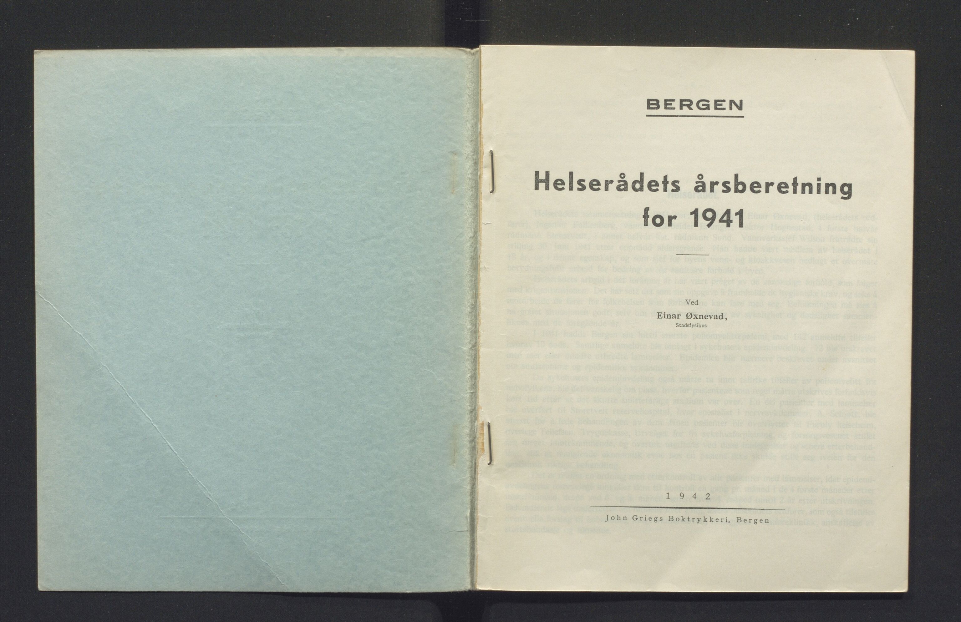 Bergen kommune, Sunnhetsvesen (Bergen helseråd), BBA/A-2617/X/Xa/L0034: Årsmelding, 1941