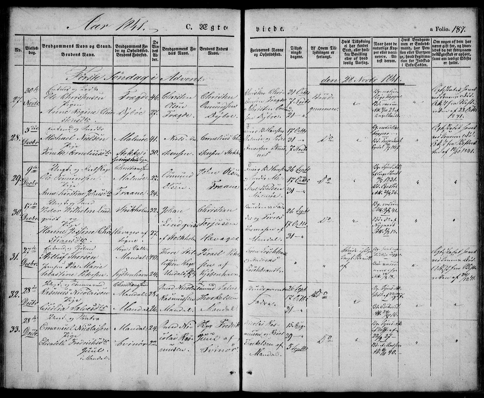 Mandal sokneprestkontor, AV/SAK-1111-0030/F/Fa/Faa/L0012: Parish register (official) no. A 12, 1840-1847, p. 187