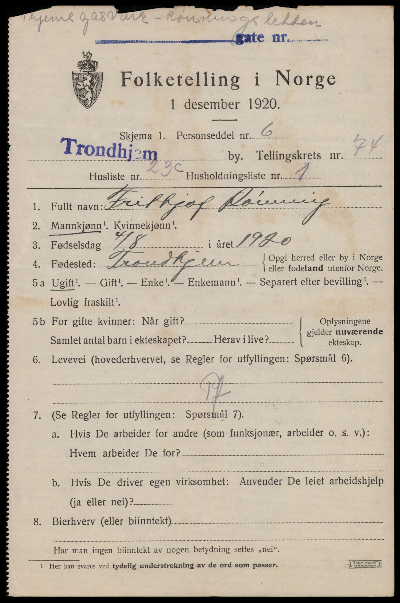 SAT, 1920 census for Trondheim, 1920, p. 145606