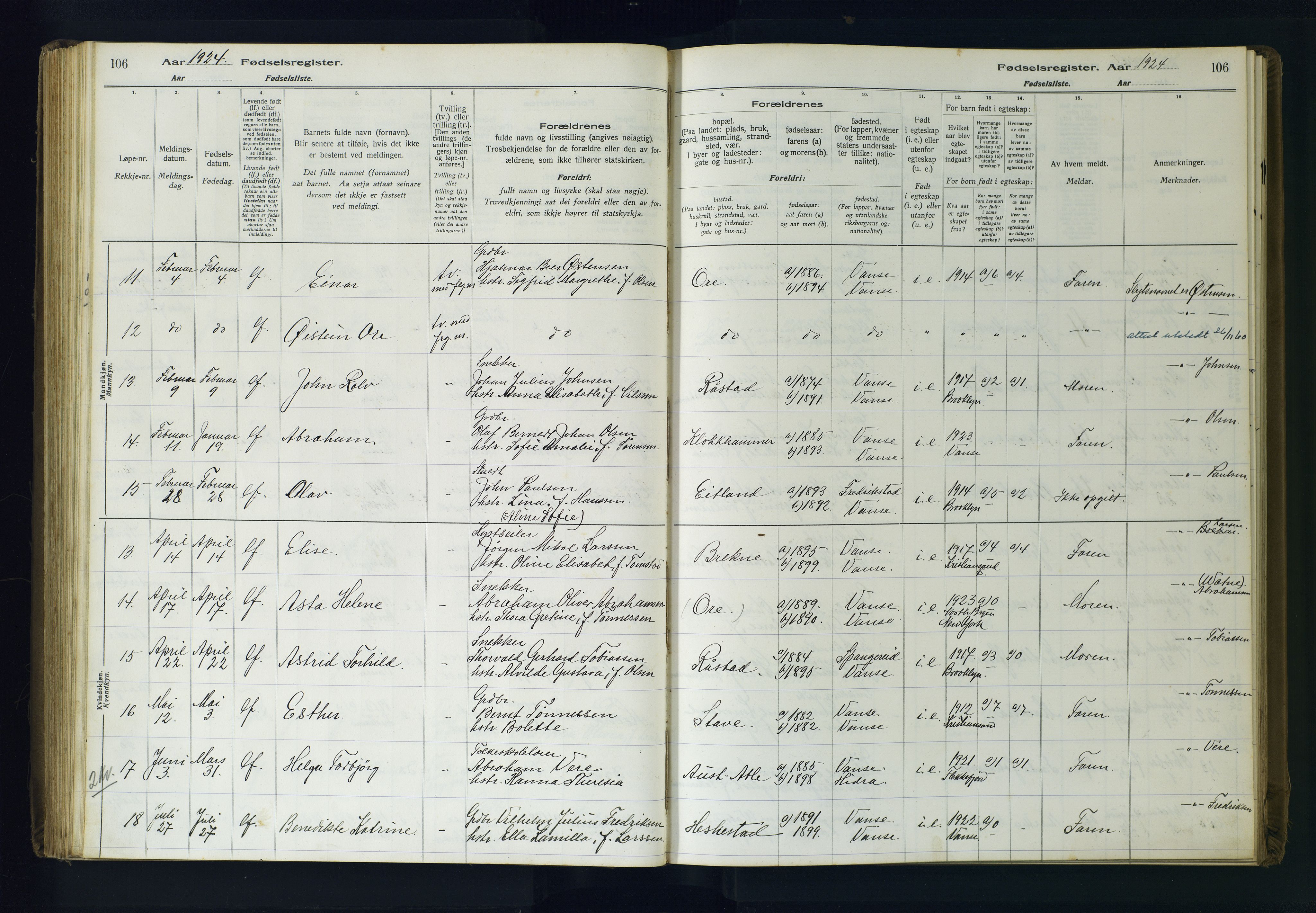 Lista sokneprestkontor, AV/SAK-1111-0027/J/Ja/L0001: Birth register no. A-VI-30, 1916-1934, p. 106