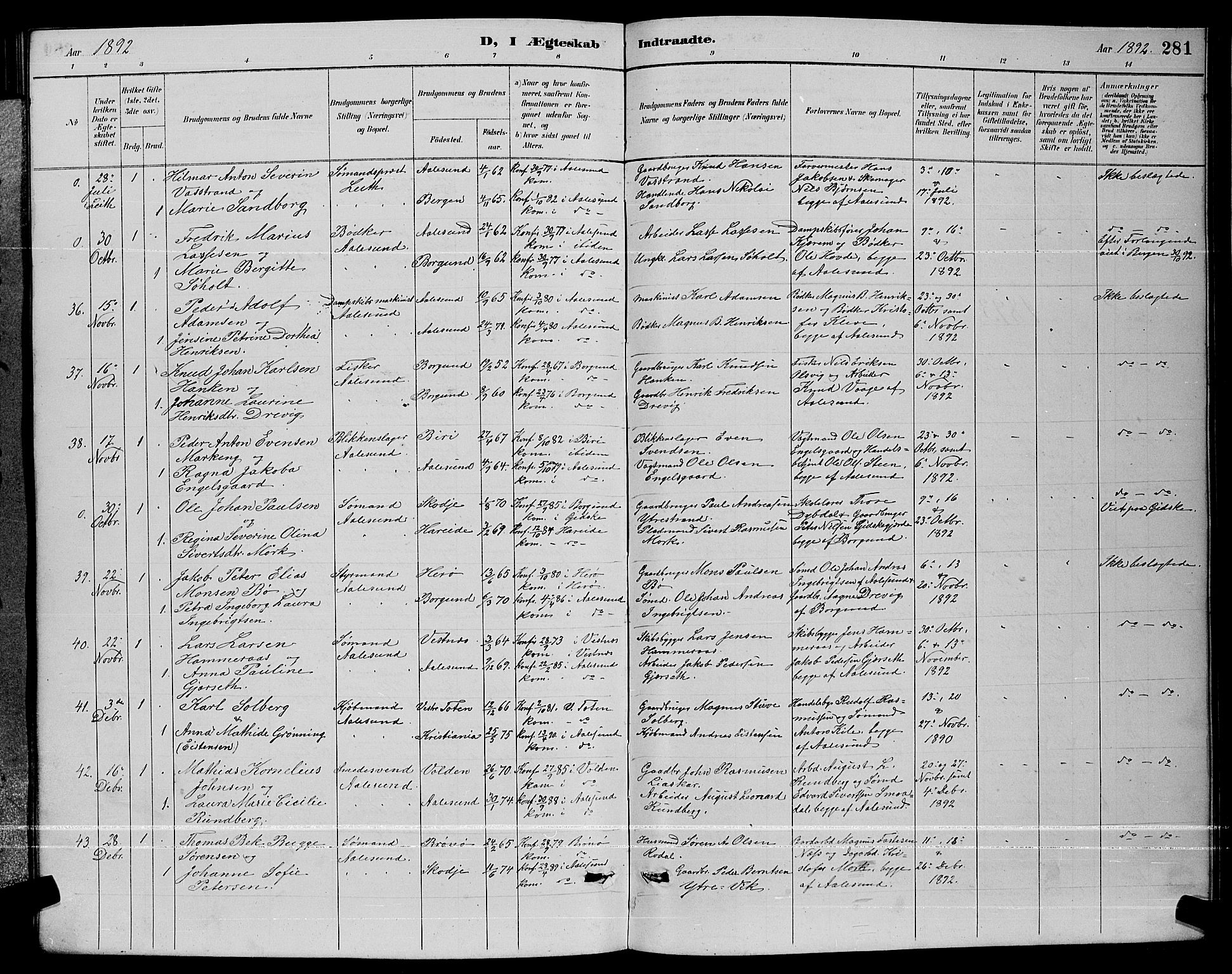Ministerialprotokoller, klokkerbøker og fødselsregistre - Møre og Romsdal, SAT/A-1454/529/L0467: Parish register (copy) no. 529C04, 1889-1897, p. 281