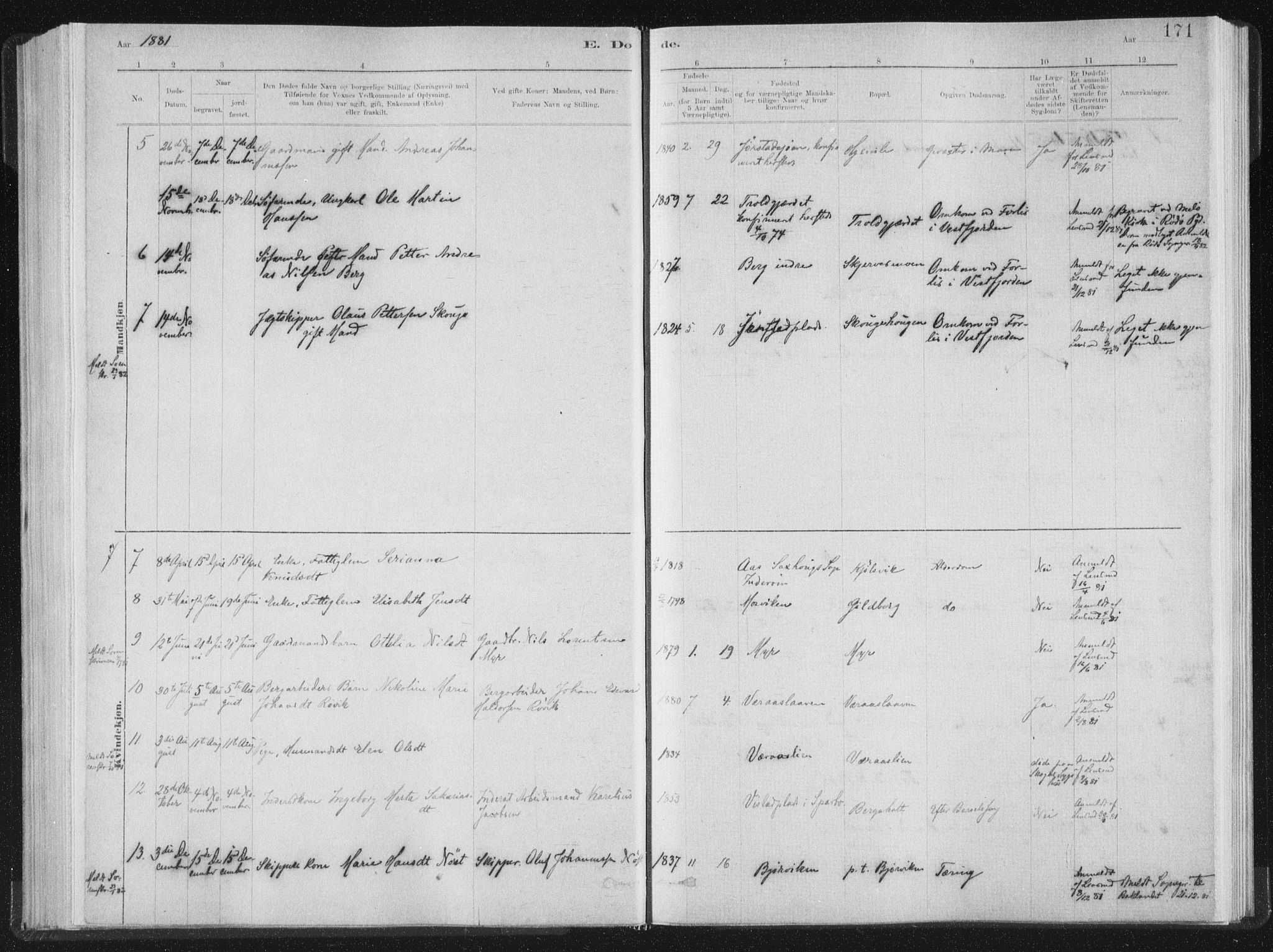 Ministerialprotokoller, klokkerbøker og fødselsregistre - Nord-Trøndelag, AV/SAT-A-1458/722/L0220: Parish register (official) no. 722A07, 1881-1908, p. 171