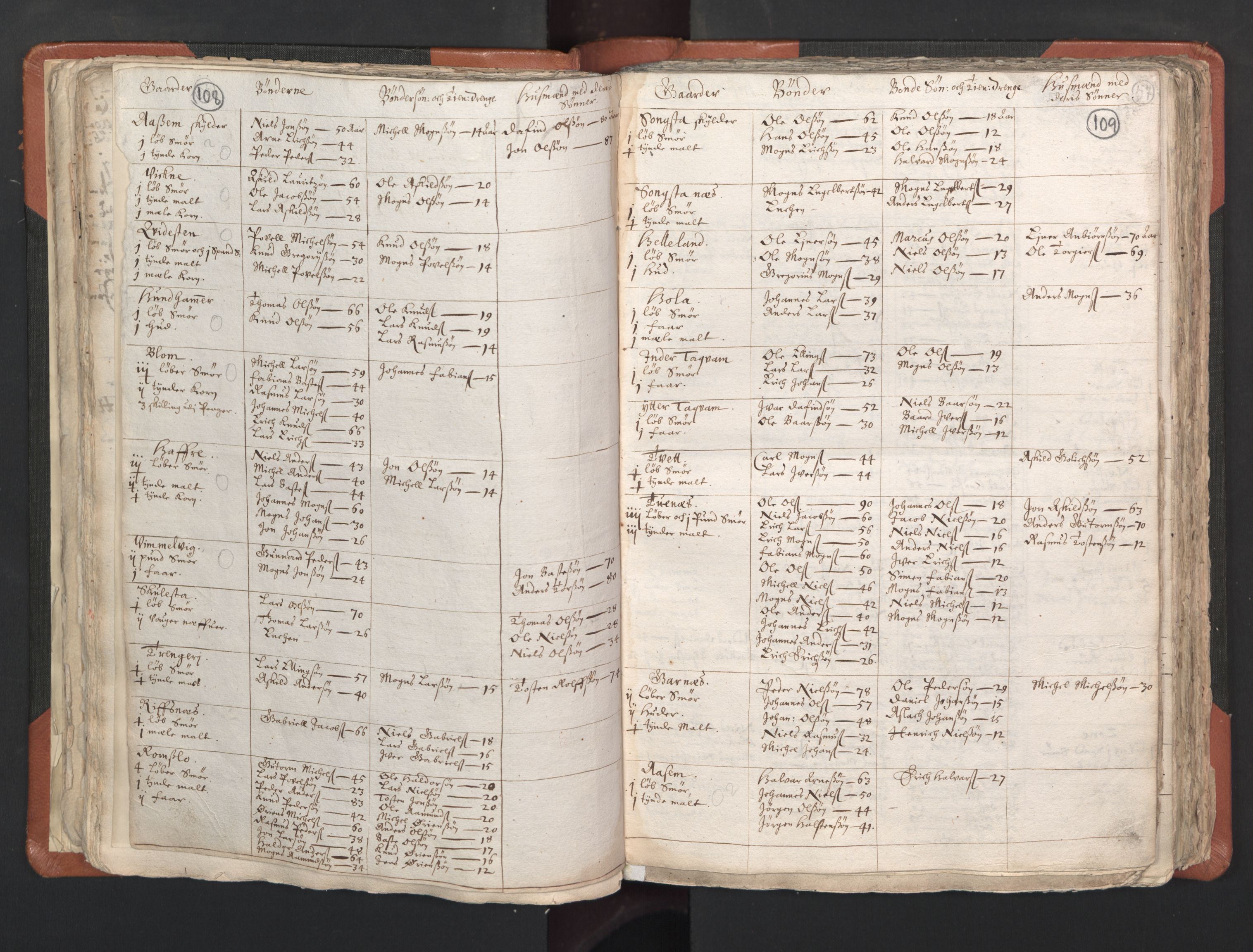 RA, Vicar's Census 1664-1666, no. 22: Nordhordland deanery, 1664-1666, p. 108-109