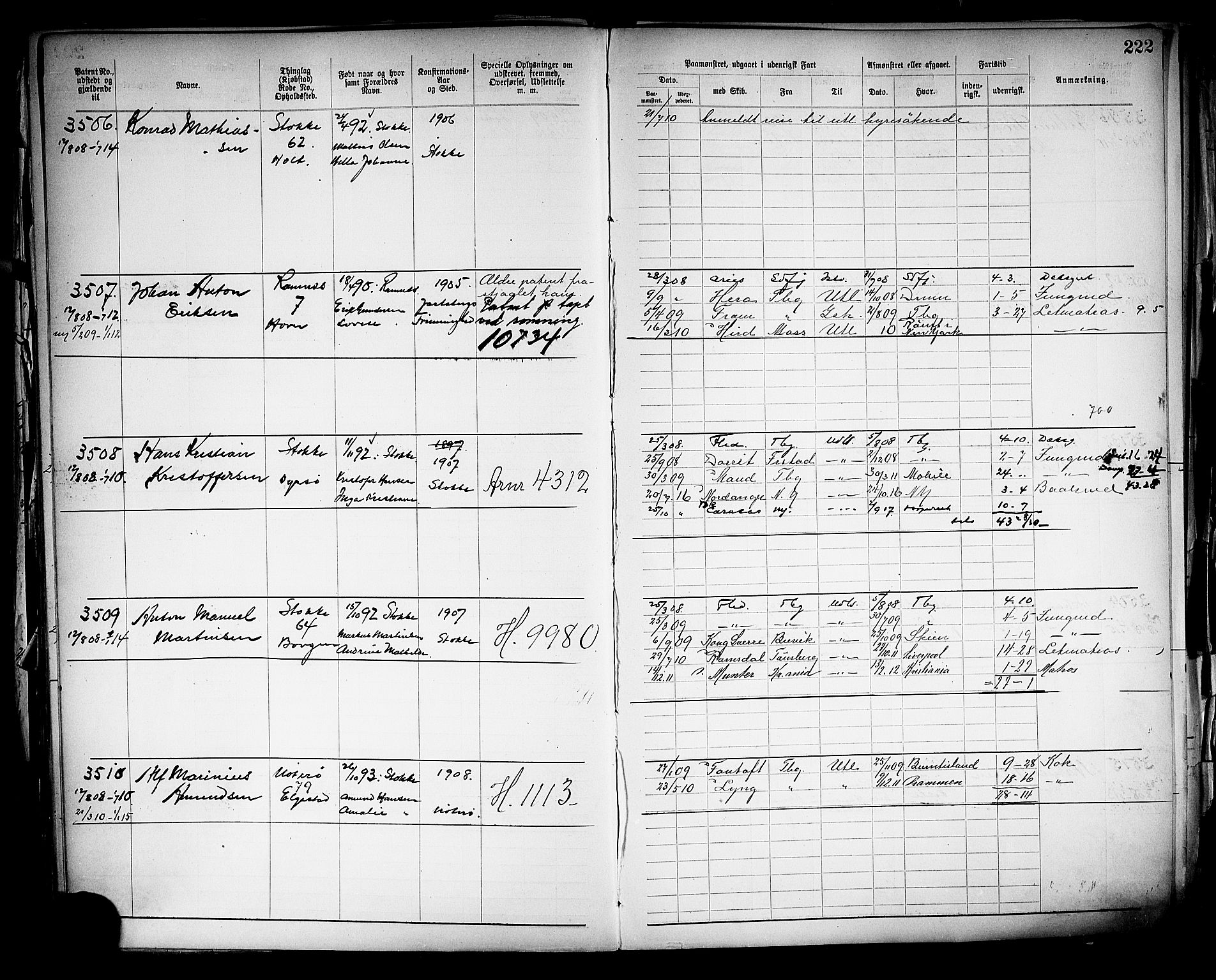 Tønsberg innrulleringskontor, AV/SAKO-A-786/F/Fb/L0005: Annotasjonsrulle Patent nr. 2401-4080, 1904-1910, p. 225