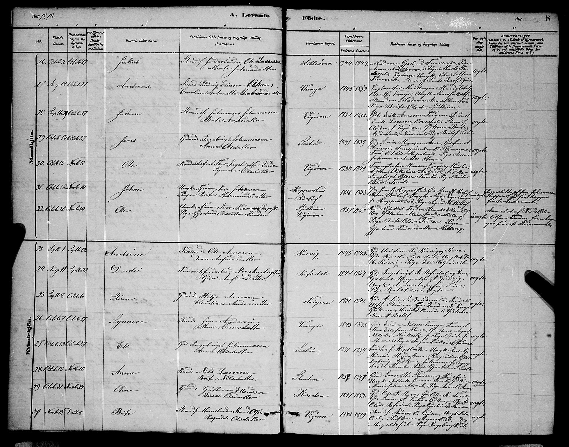 Vik sokneprestembete, SAB/A-81501: Parish register (copy) no. A 3, 1878-1894, p. 8