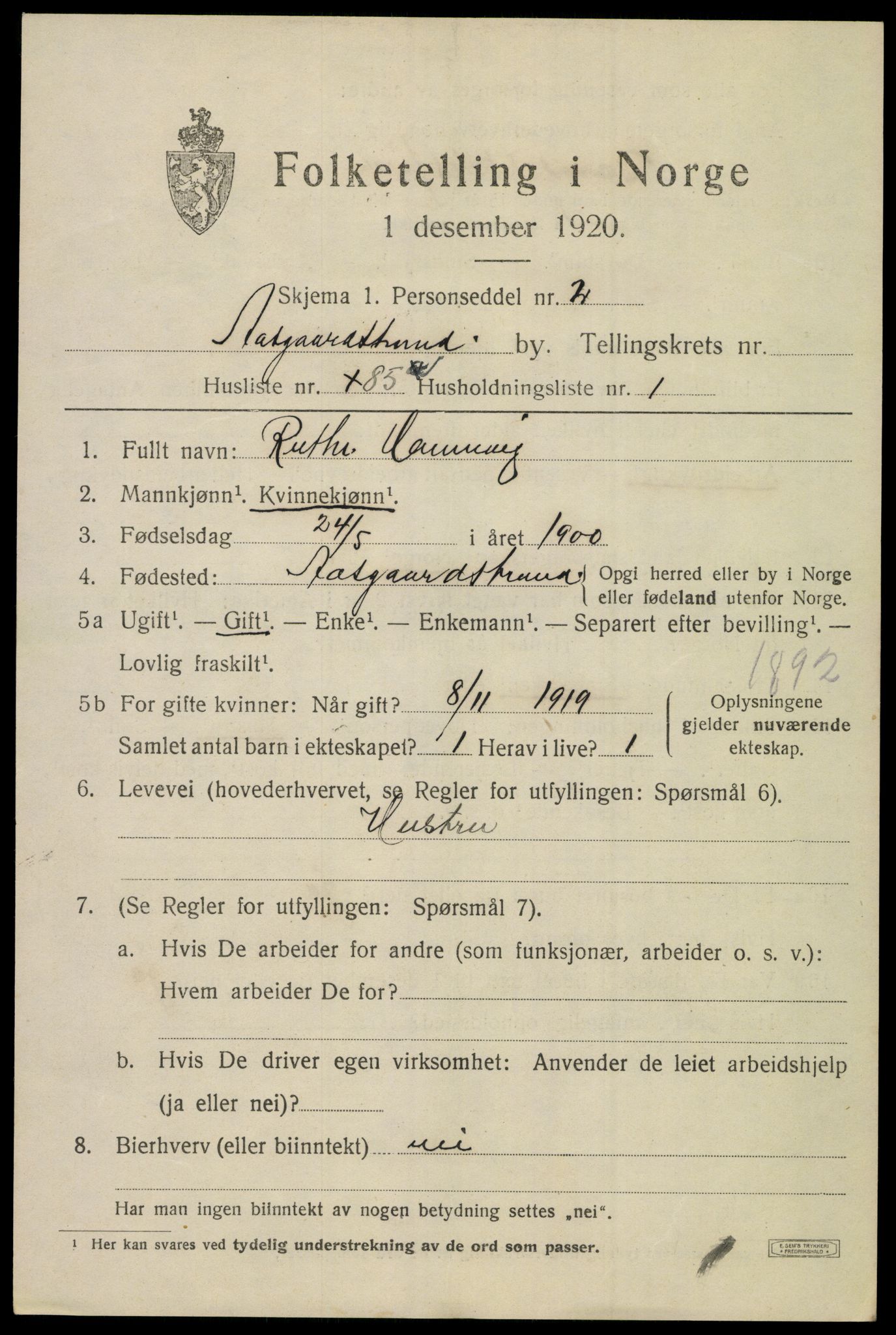 SAKO, 1920 census for Åsgårdstrand, 1920, p. 1241