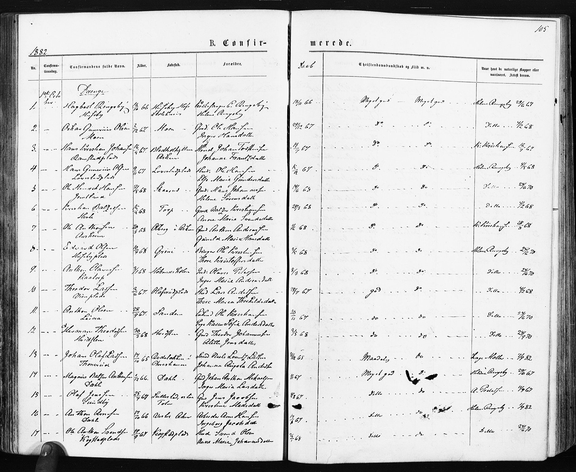 Spydeberg prestekontor Kirkebøker, AV/SAO-A-10924/F/Fa/L0007: Parish register (official) no. I 7, 1875-1885, p. 105