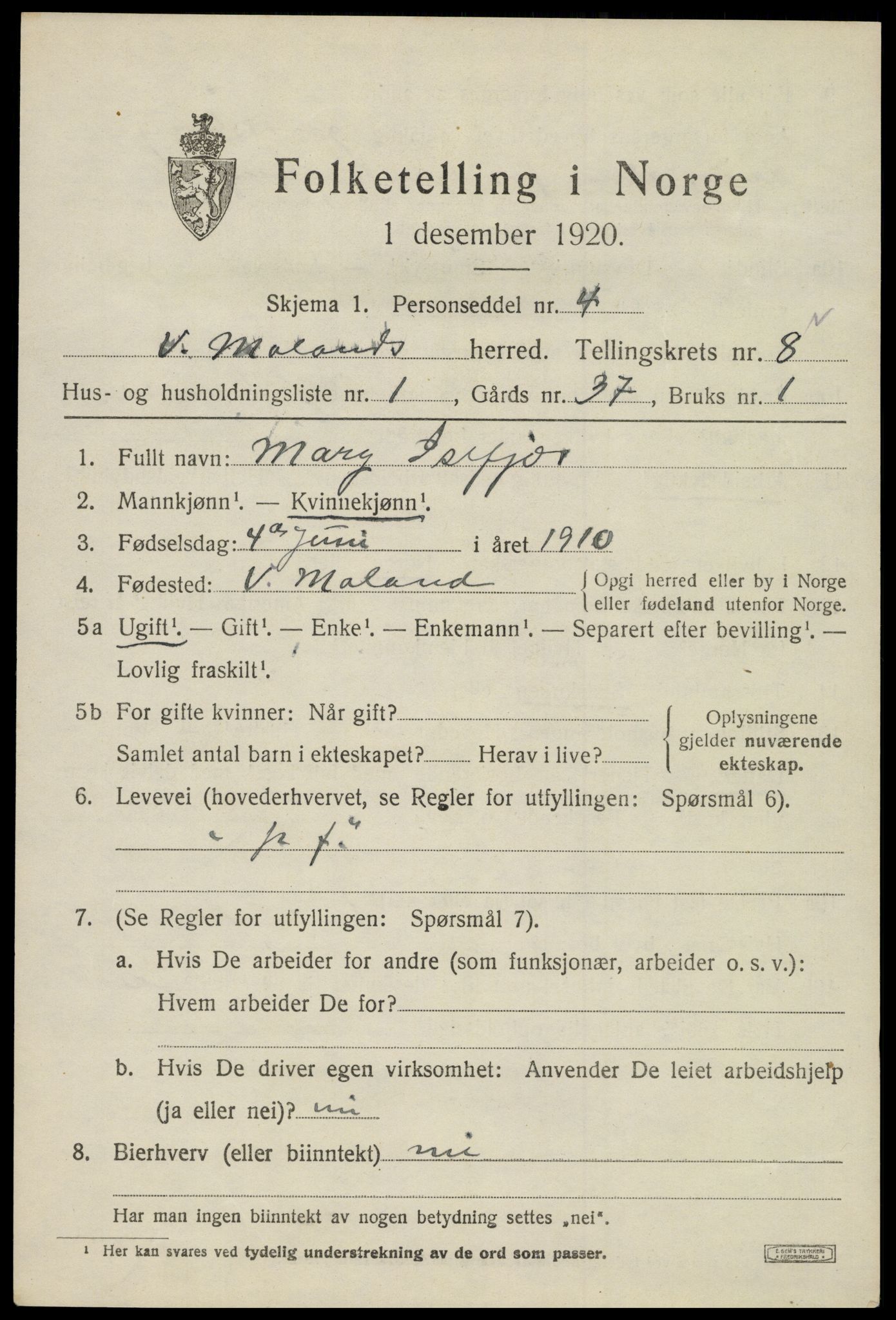 SAK, 1920 census for Vestre Moland, 1920, p. 5223