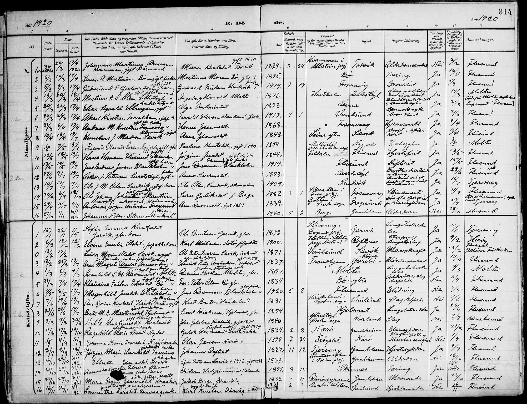 Ministerialprotokoller, klokkerbøker og fødselsregistre - Møre og Romsdal, SAT/A-1454/507/L0075: Parish register (official) no. 507A10, 1901-1920, p. 314