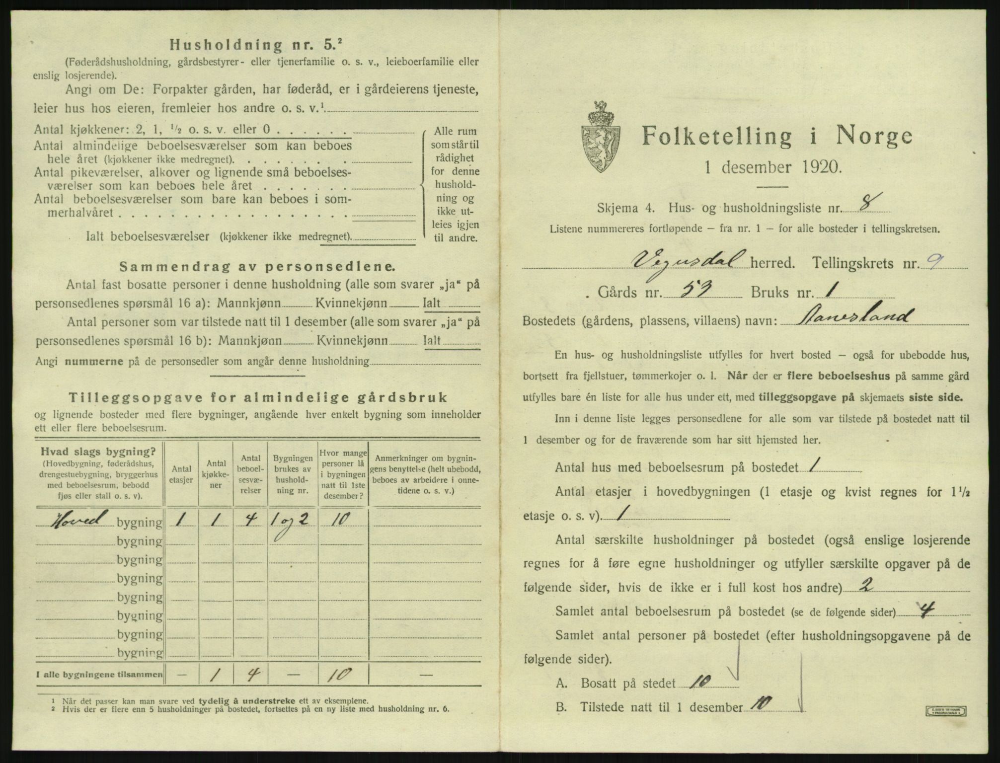 SAK, 1920 census for Vegusdal, 1920, p. 337