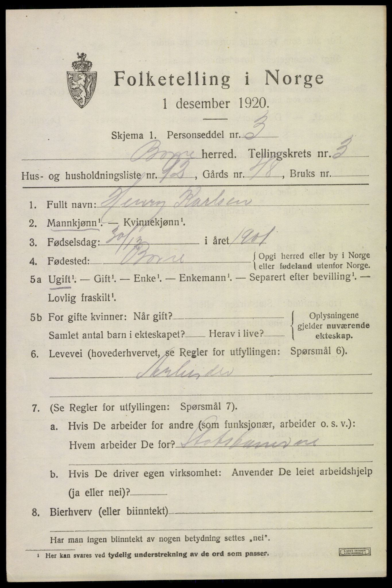 SAKO, 1920 census for Borre, 1920, p. 7116