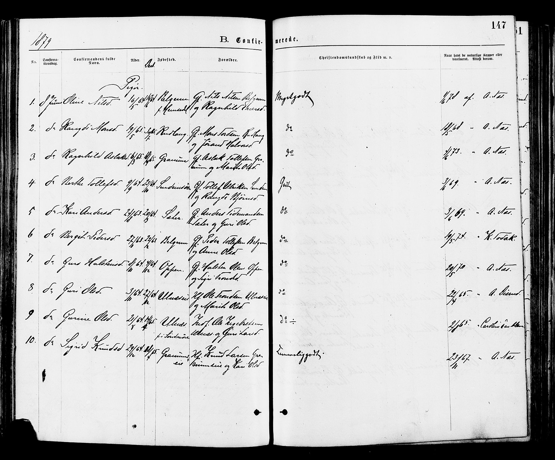 Nord-Aurdal prestekontor, AV/SAH-PREST-132/H/Ha/Haa/L0009: Parish register (official) no. 9, 1876-1882, p. 147