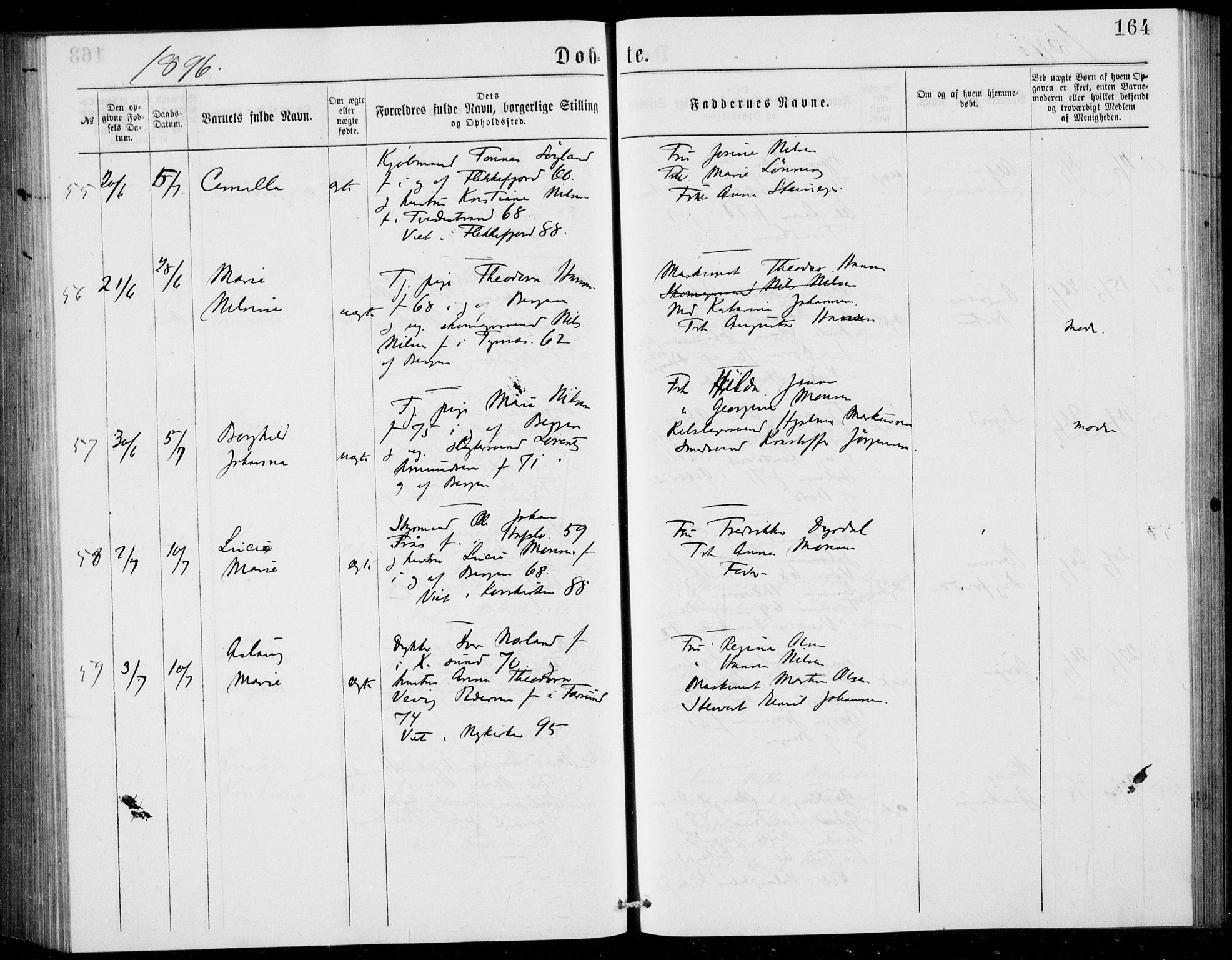 Fødselsstiftelsens sokneprestembete, ført av overlegen*, SAB/-: Parish register (official) no. A 2, 1884-1900, p. 164