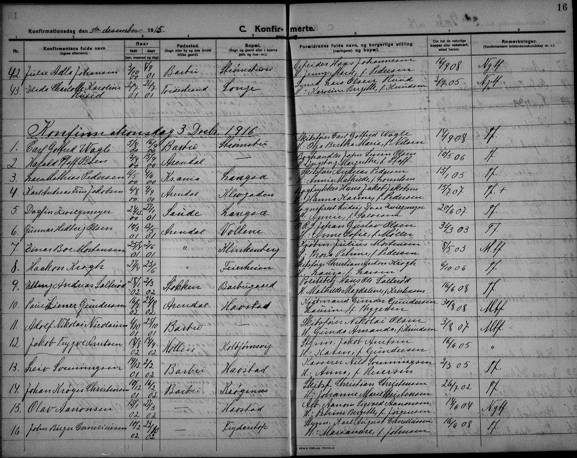 Barbu sokneprestkontor, AV/SAK-1111-0003/F/Fb/L0004: Parish register (copy) no. B 4, 1911-1936, p. 16