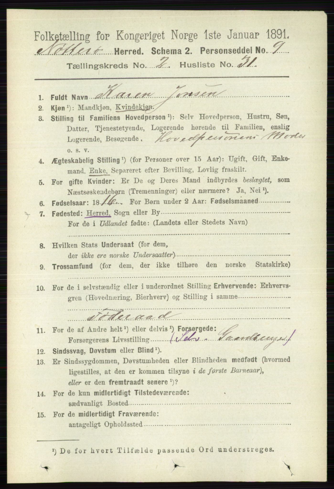 RA, 1891 census for 0722 Nøtterøy, 1891, p. 1050