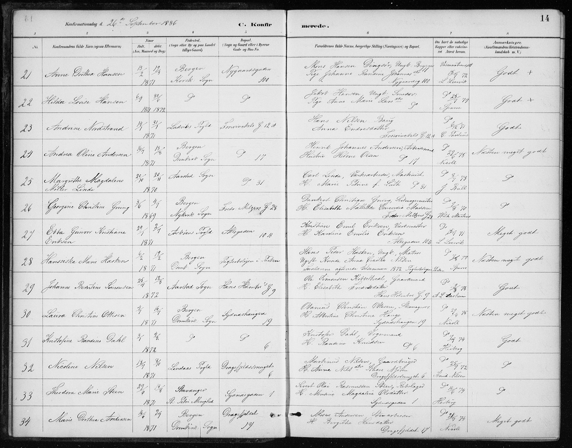 Johanneskirken sokneprestembete, AV/SAB-A-76001/H/Haa/L0008: Parish register (official) no. C 1, 1885-1907, p. 14
