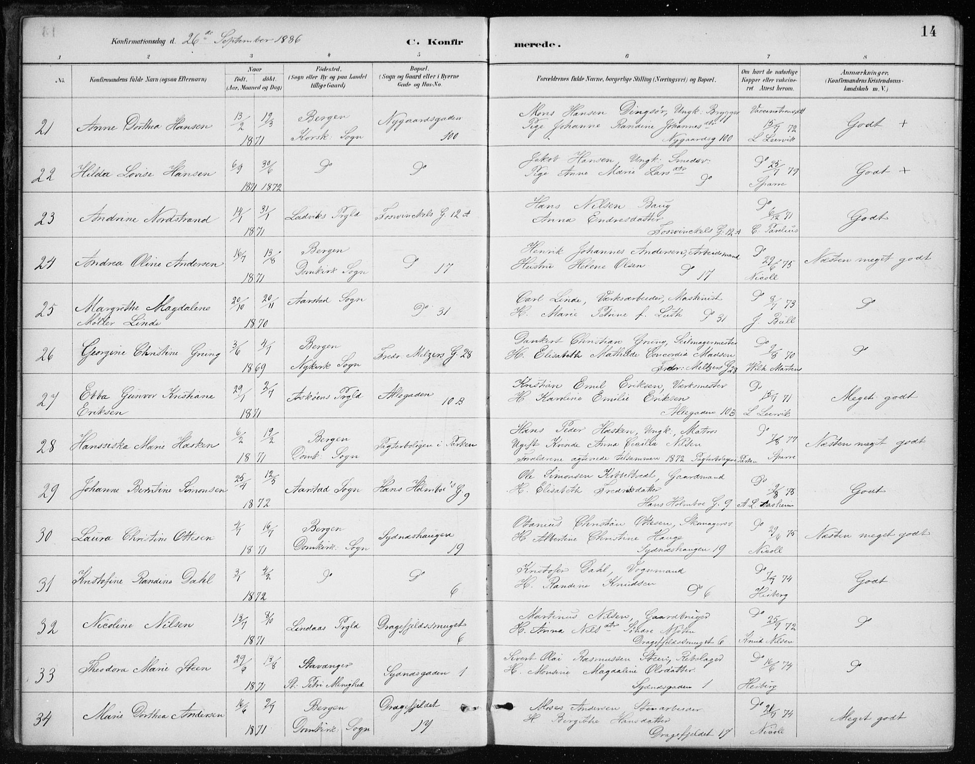 Johanneskirken sokneprestembete, SAB/A-76001/H/Haa/L0008: Parish register (official) no. C 1, 1885-1907, p. 14