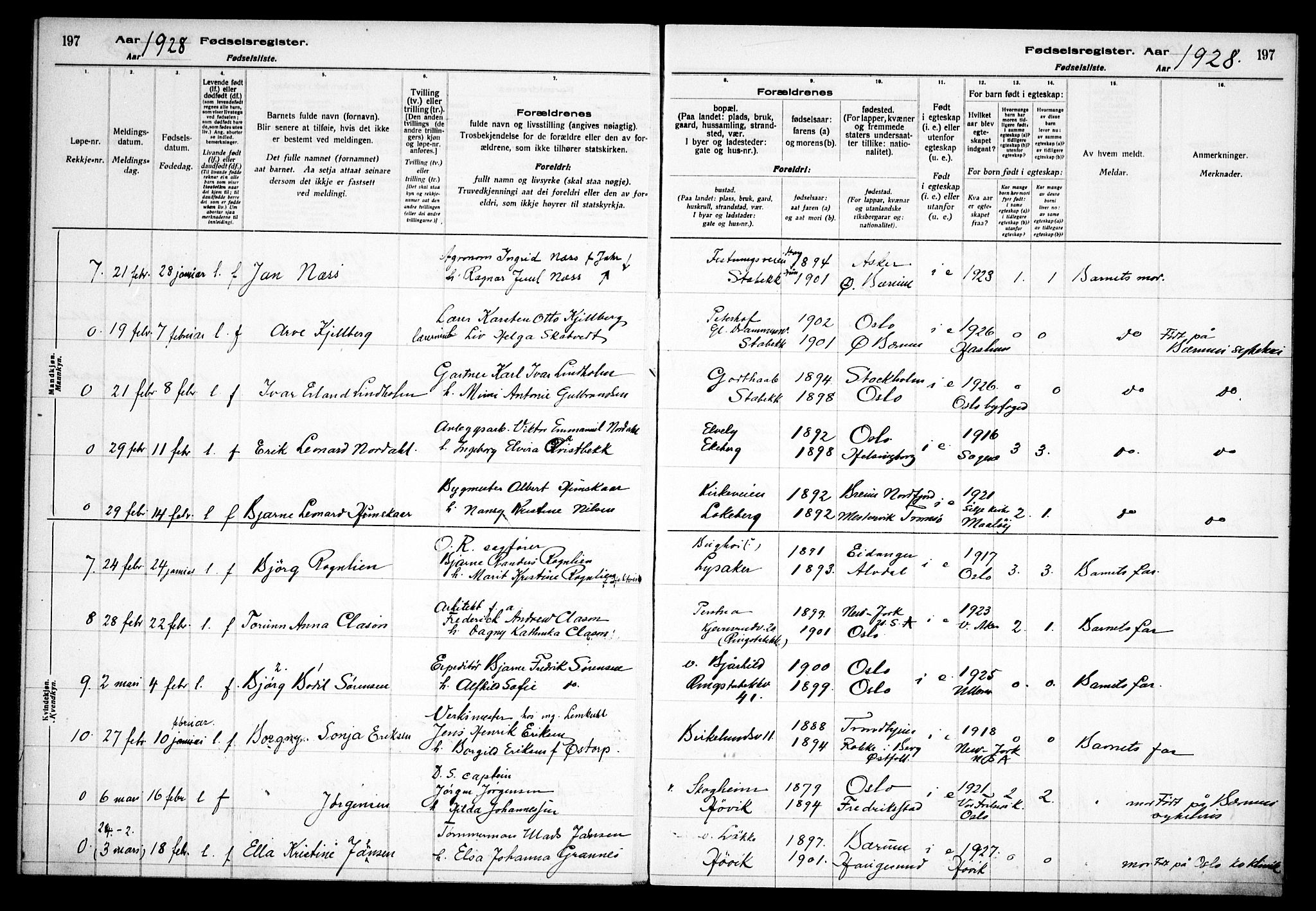 Østre Bærum prestekontor Kirkebøker, AV/SAO-A-10887/J/Ja/L0002: Birth register no. 2, 1922-1928, p. 197