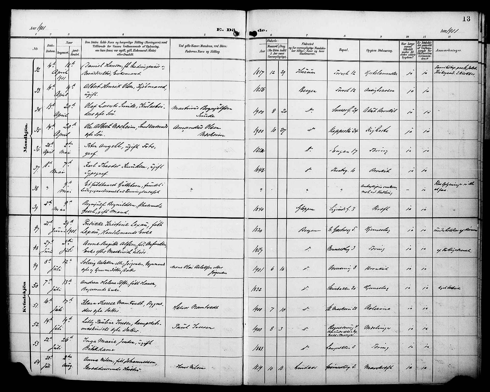 Domkirken sokneprestembete, AV/SAB-A-74801/H/Hab/L0042: Parish register (copy) no. E 6, 1900-1929, p. 13