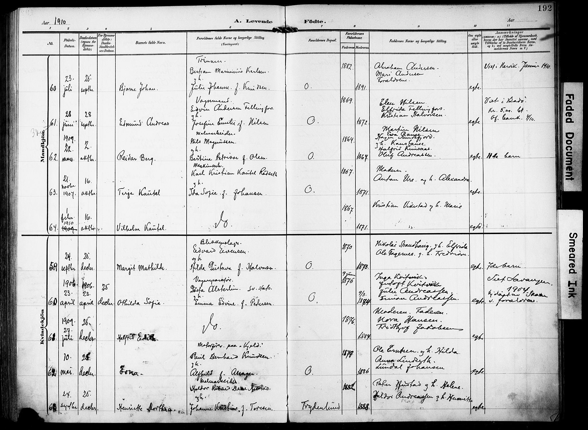 Ministerialprotokoller, klokkerbøker og fødselsregistre - Nordland, AV/SAT-A-1459/871/L0994: Parish register (official) no. 871A10, 1902-1910, p. 192