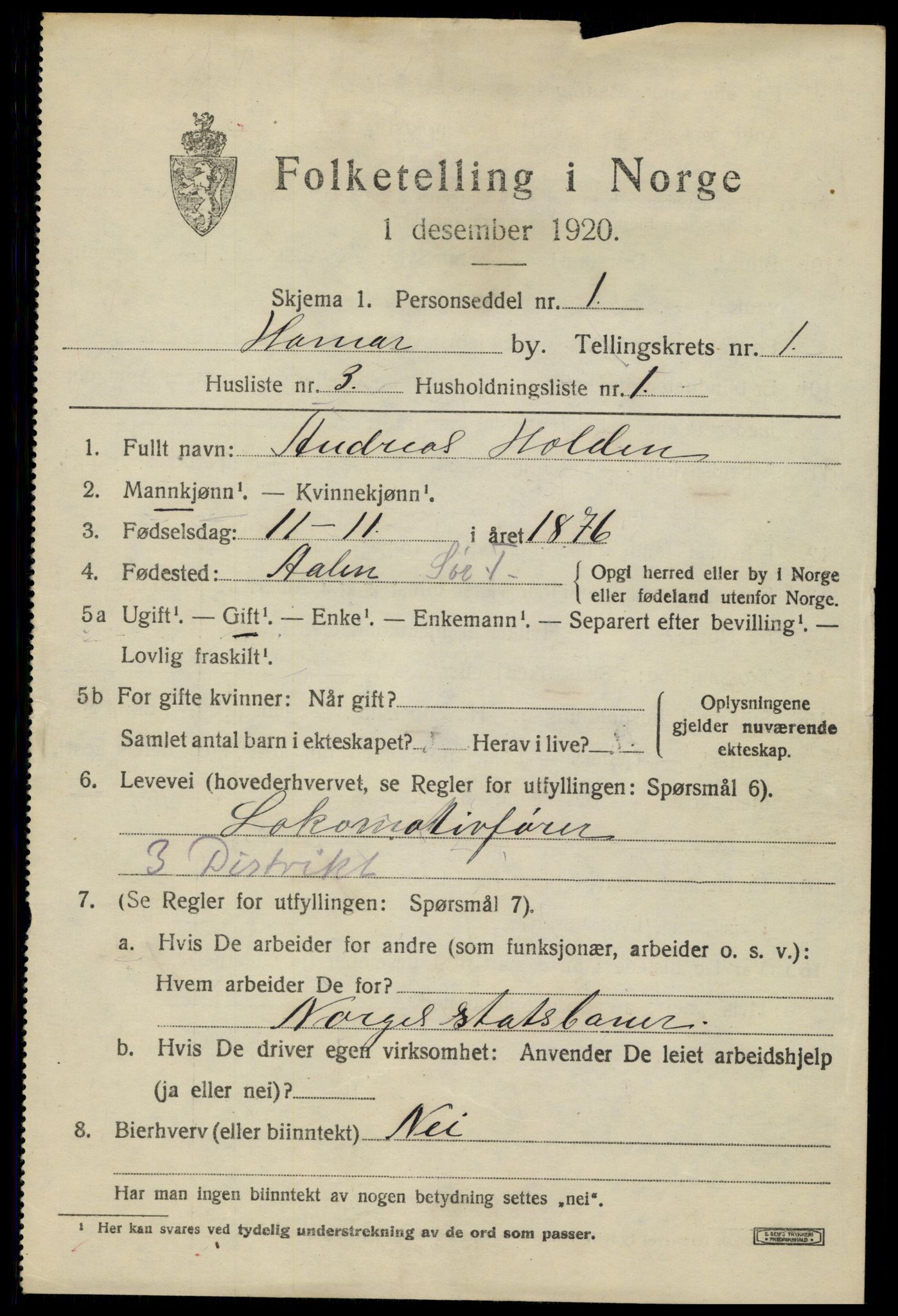 SAH, 1920 census for Hamar, 1920, p. 4177