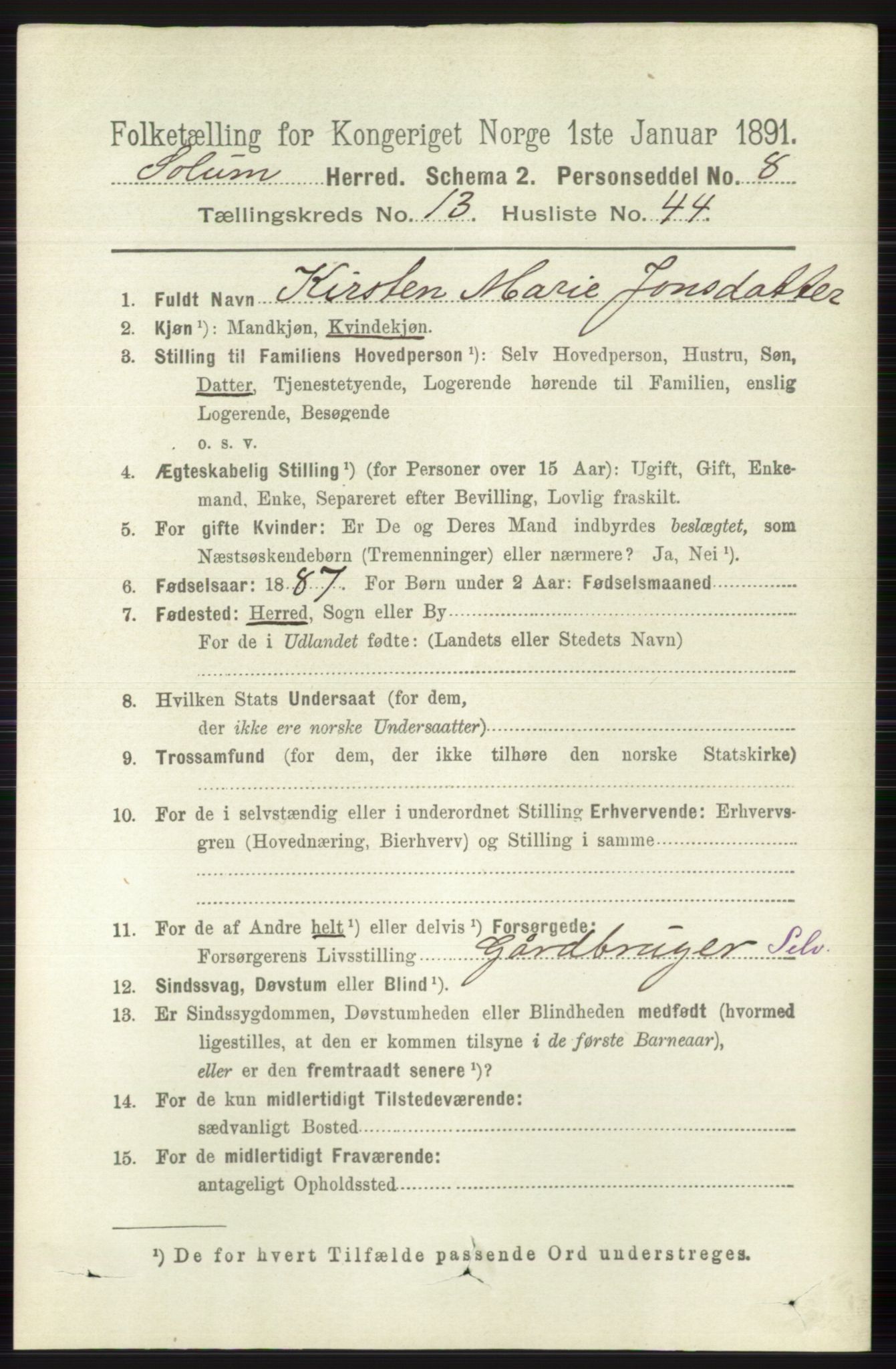 RA, 1891 census for 0818 Solum, 1891, p. 6282