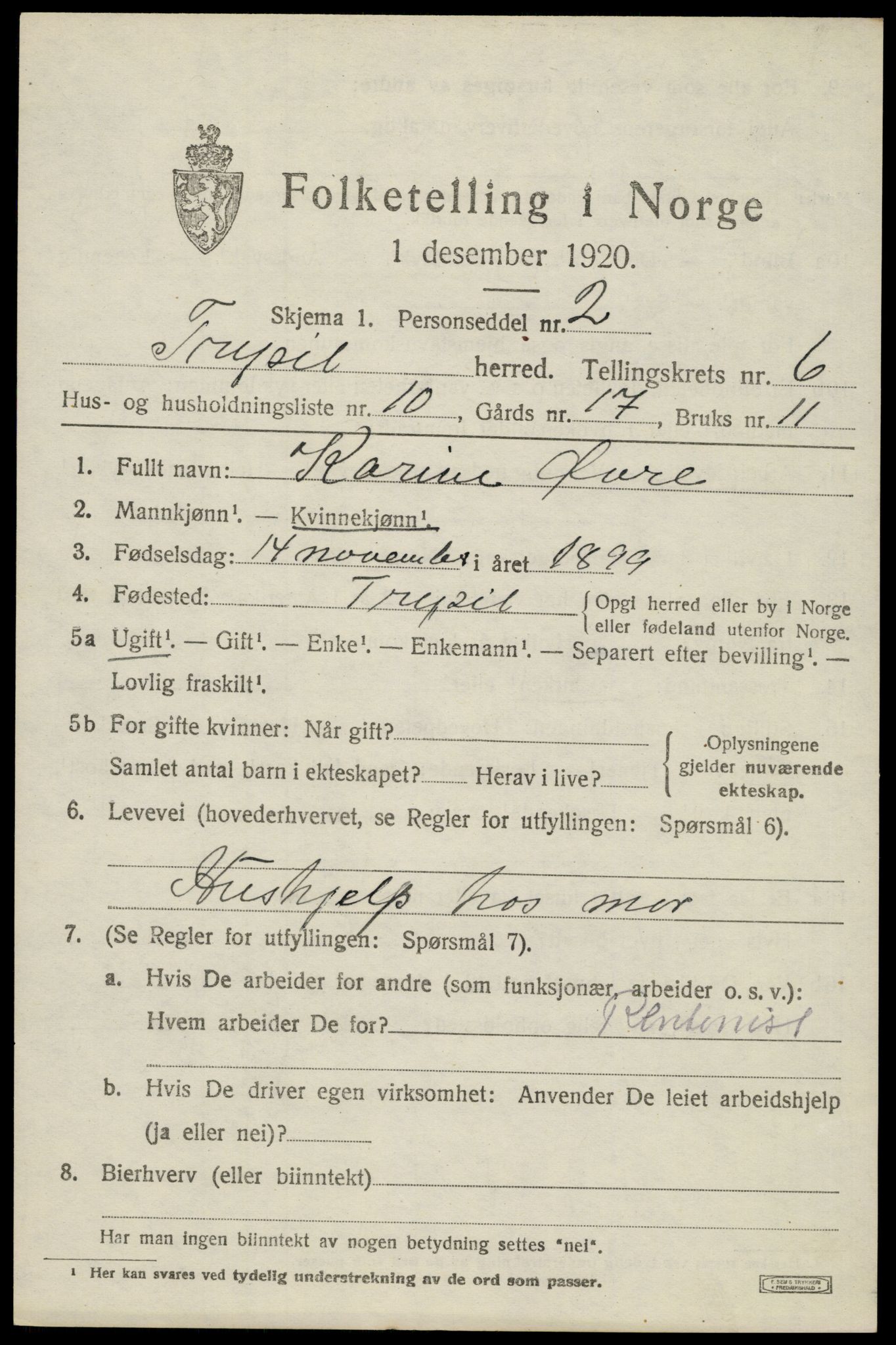 SAH, 1920 census for Trysil, 1920, p. 4653