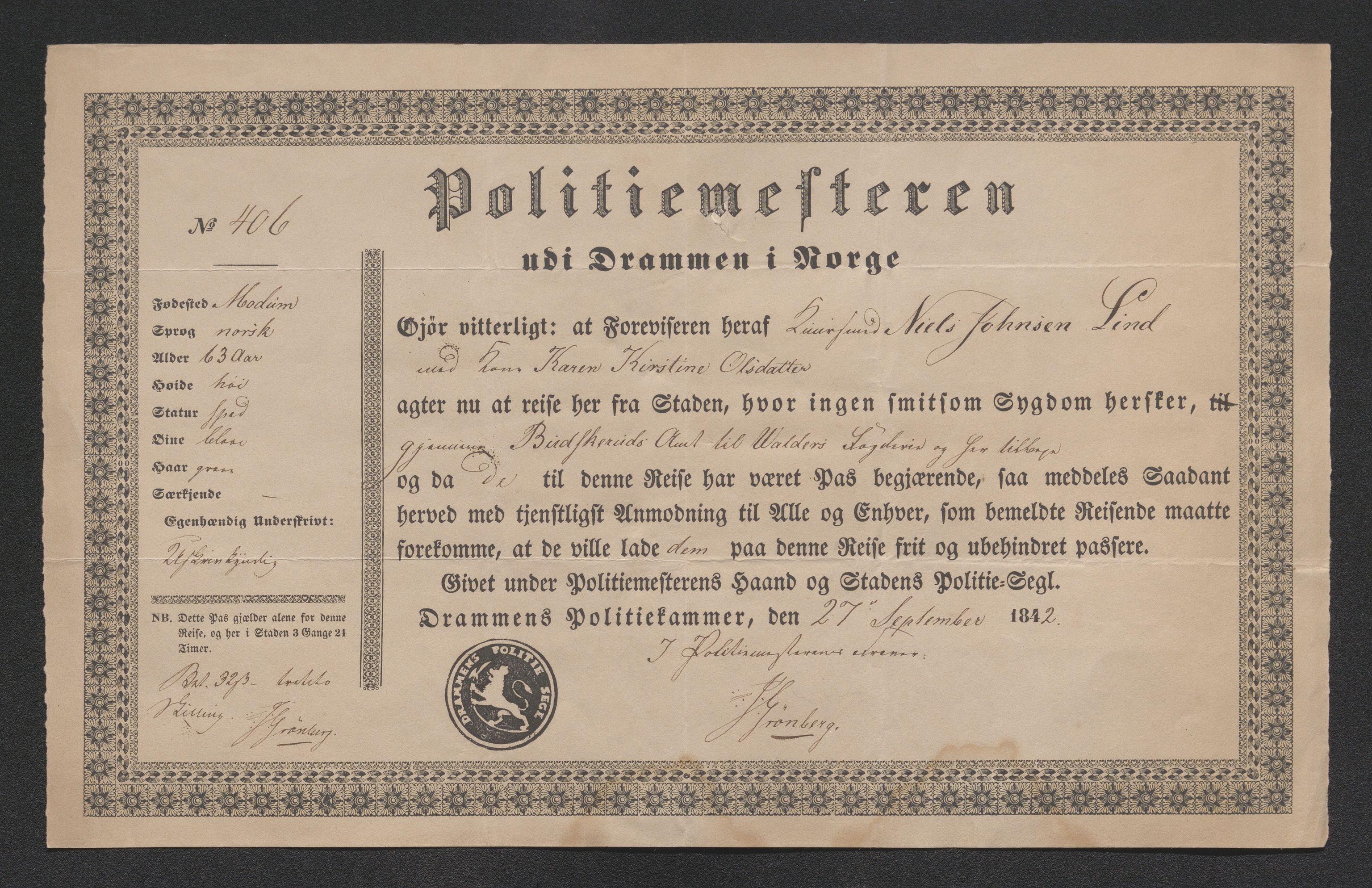 Drammen politikammer, AV/SAKO-A-623/I/Ia/Iab/L0007: Innleverte pass, 1843-1844, p. 4