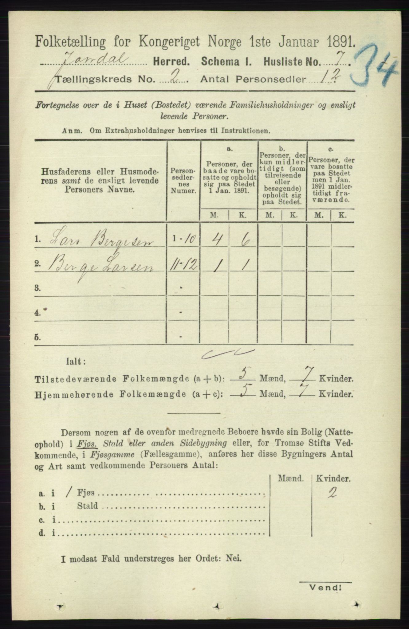 RA, 1891 census for 1227 Jondal, 1891, p. 783