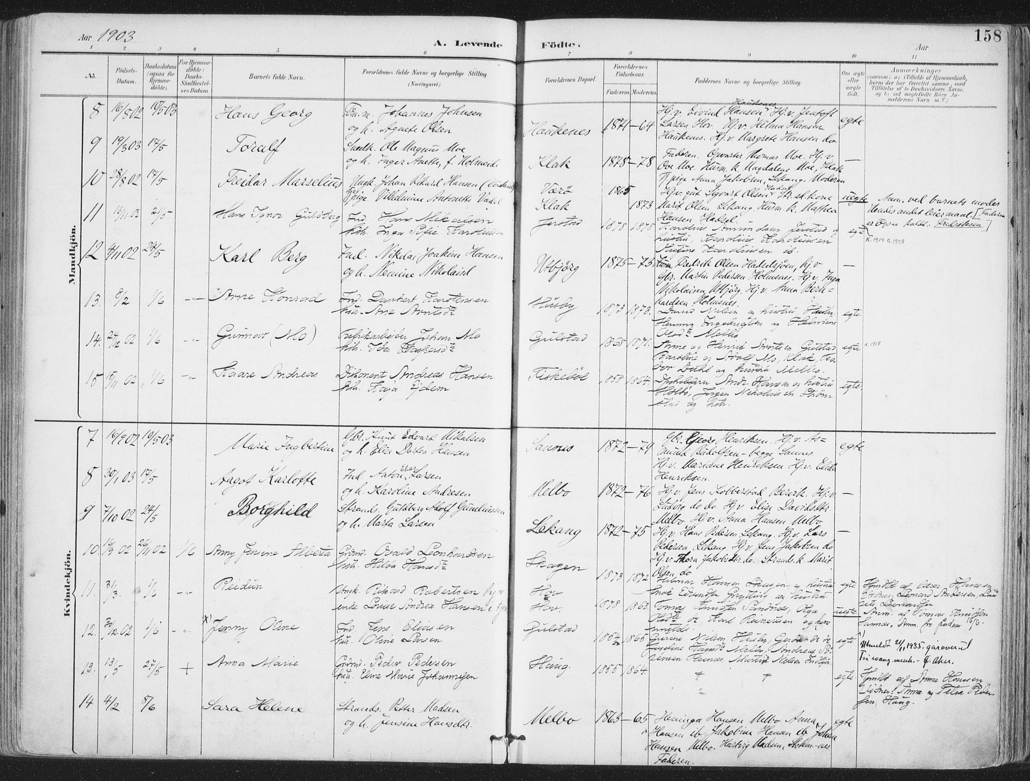 Ministerialprotokoller, klokkerbøker og fødselsregistre - Nordland, AV/SAT-A-1459/888/L1246: Parish register (official) no. 888A12, 1891-1903, p. 158