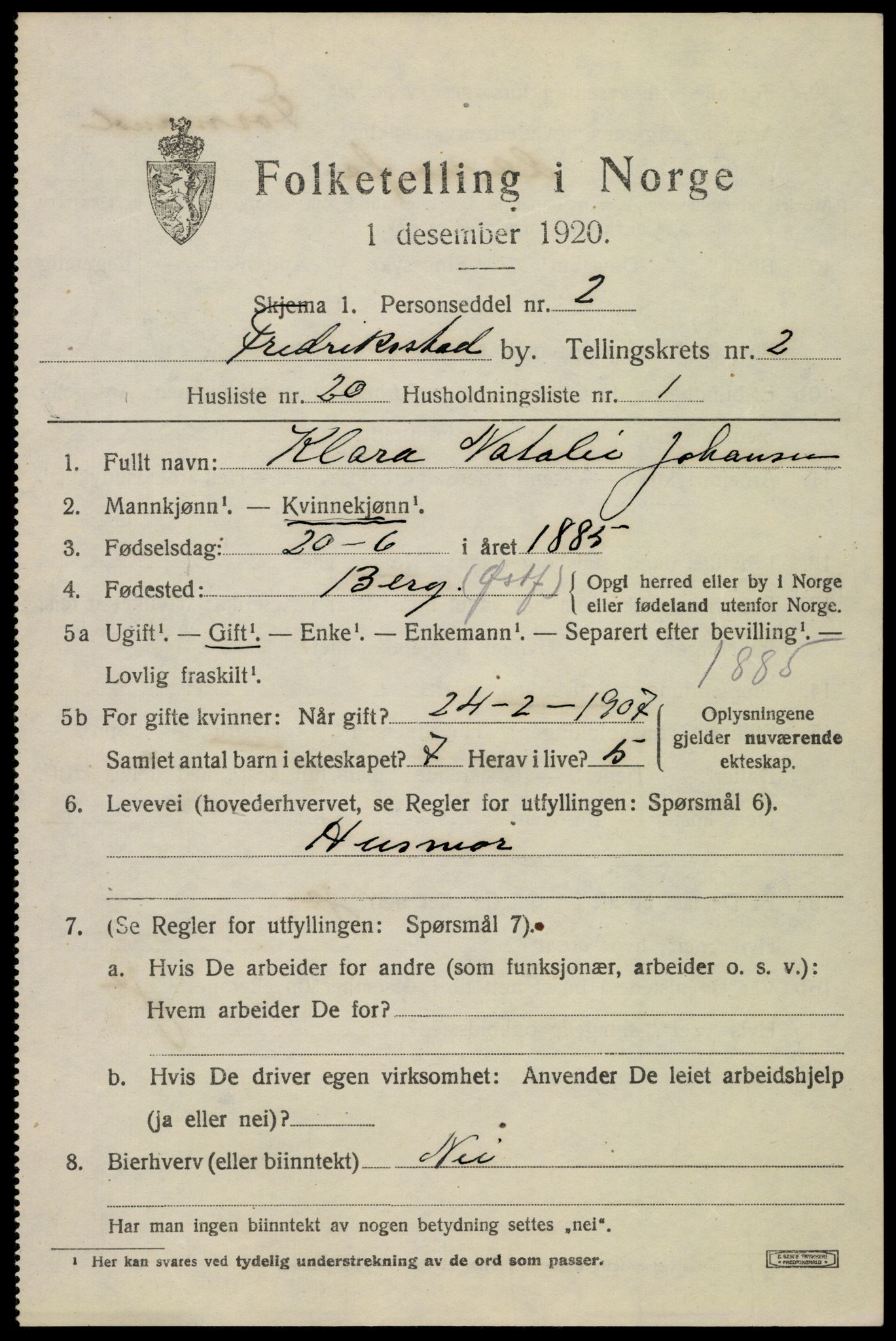 SAO, 1920 census for Fredrikstad, 1920, p. 13889