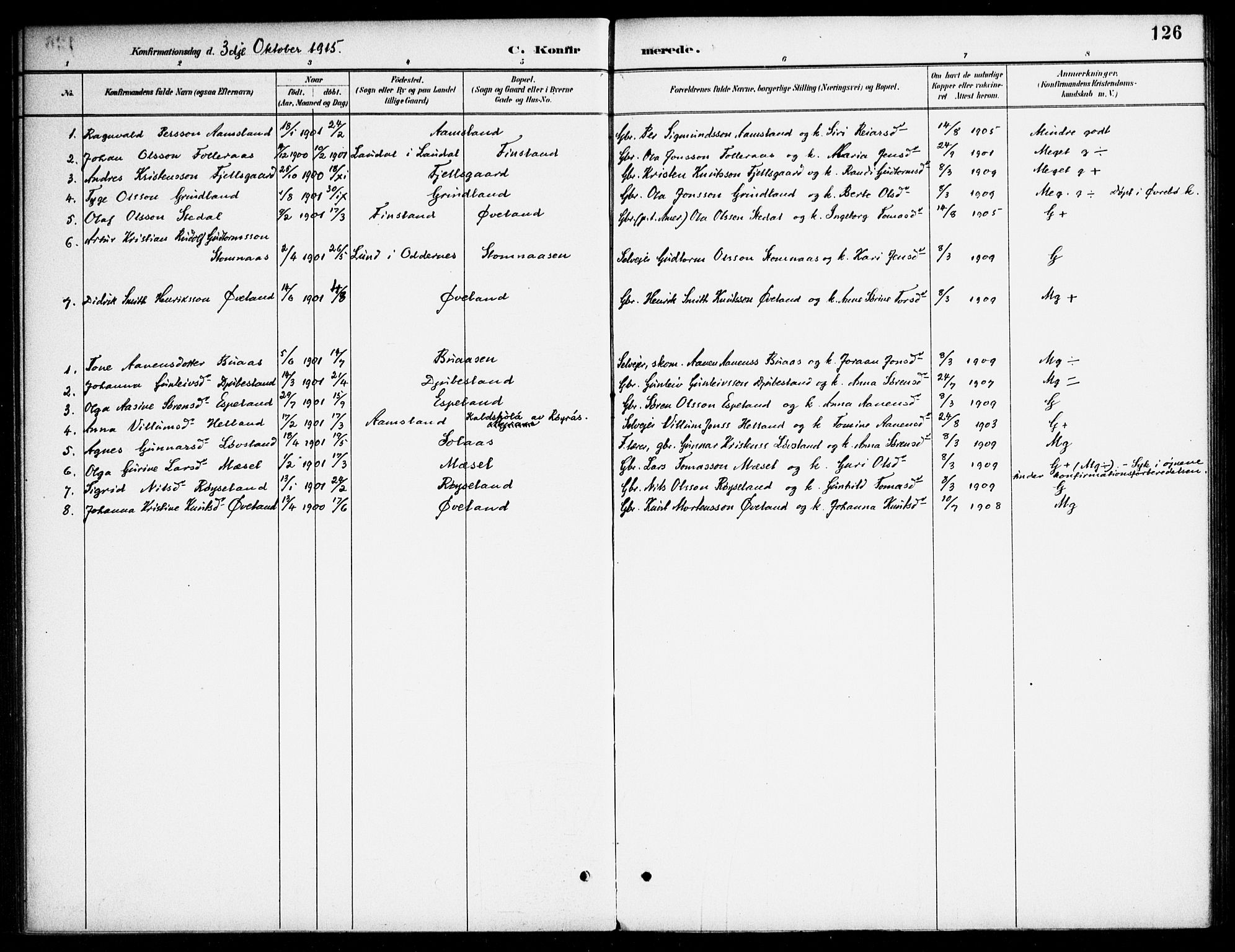 Bjelland sokneprestkontor, SAK/1111-0005/F/Fa/Fab/L0004: Parish register (official) no. A 4, 1887-1920, p. 126