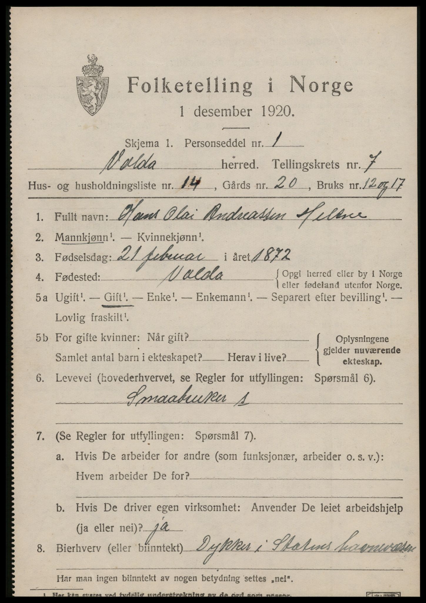 SAT, 1920 census for Volda, 1920, p. 6294