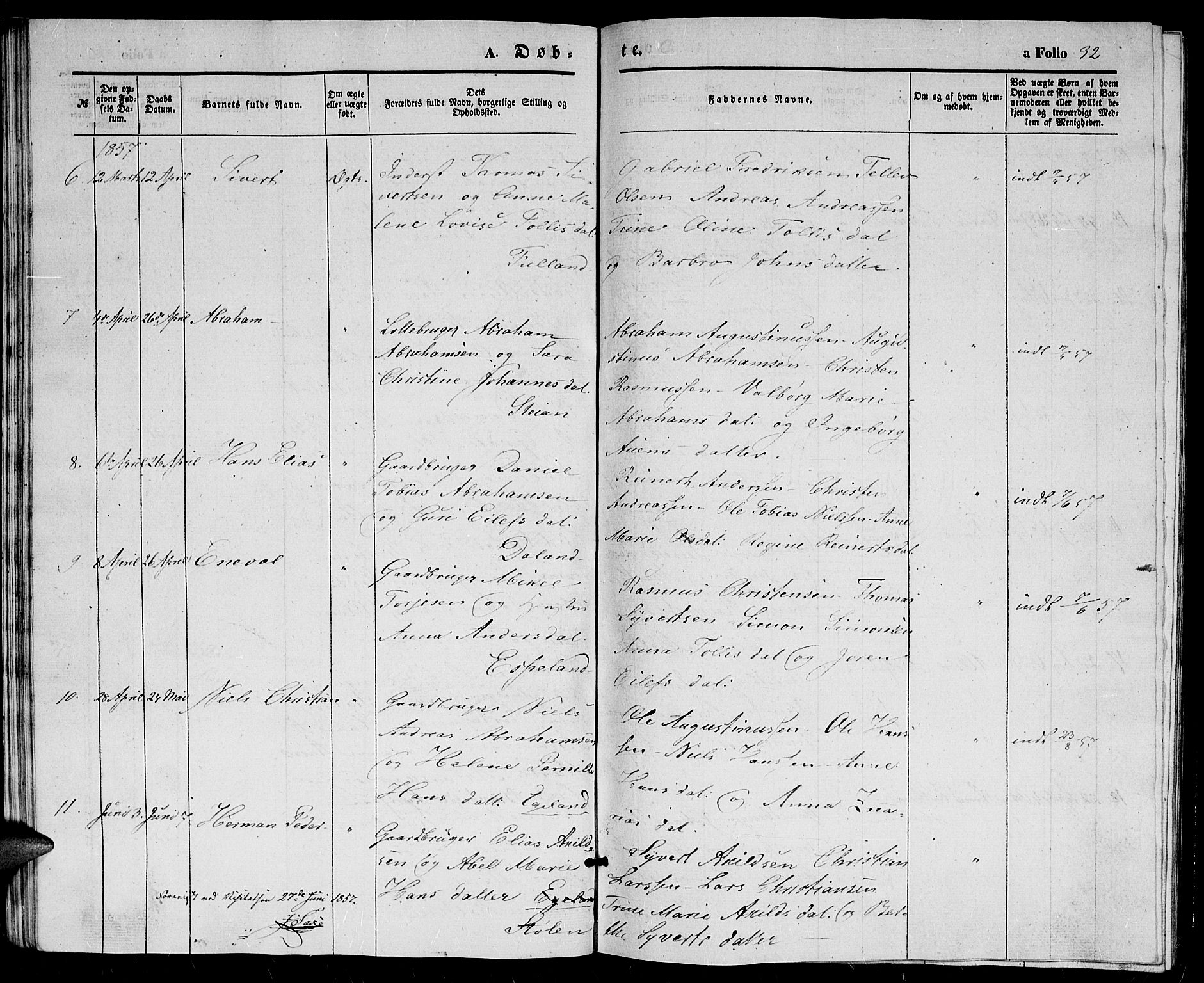 Herad sokneprestkontor, AV/SAK-1111-0018/F/Fb/Fba/L0002: Parish register (copy) no. B 2, 1852-1862, p. 32