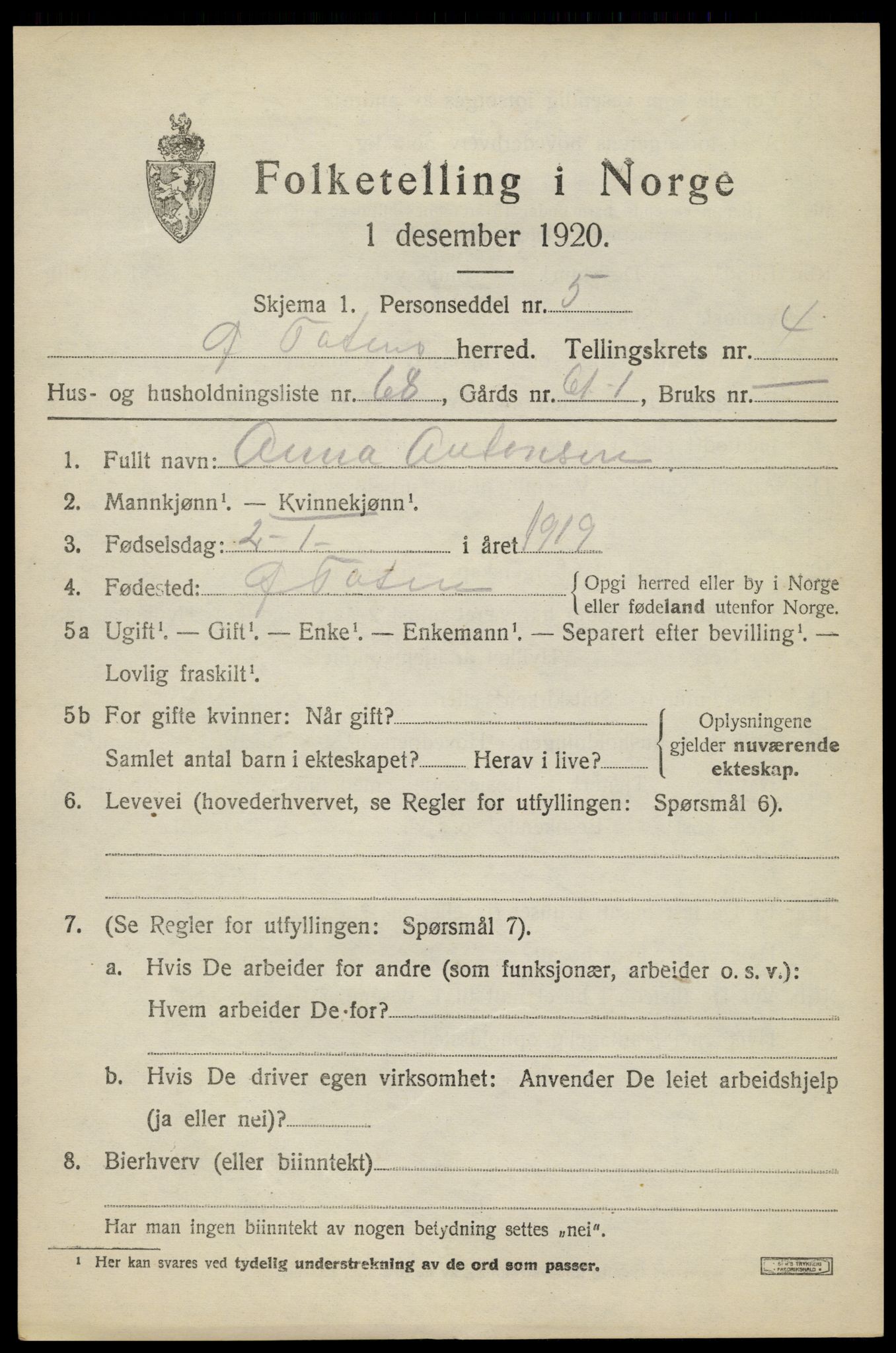 SAH, 1920 census for Østre Toten, 1920, p. 9380