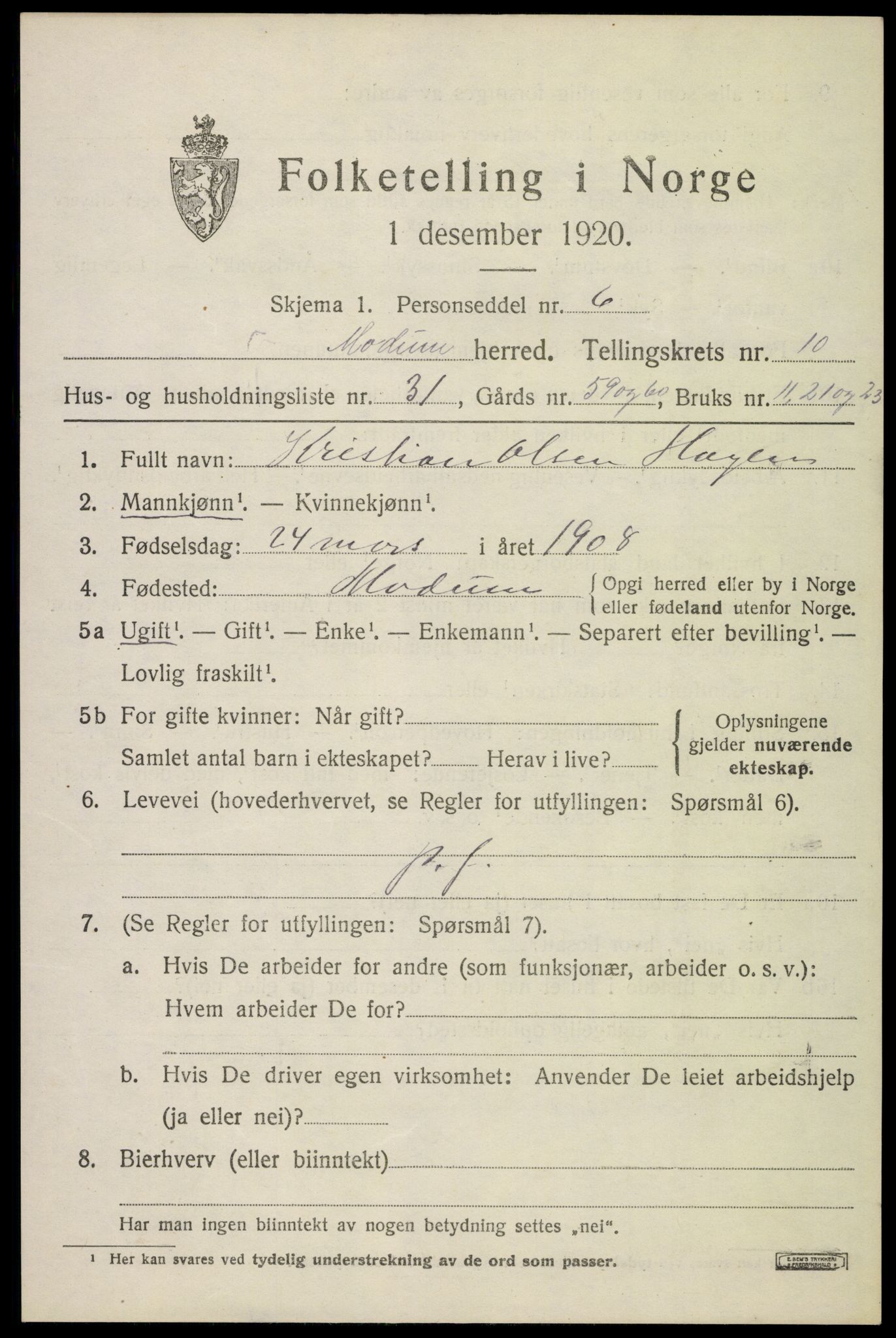 SAKO, 1920 census for Modum, 1920, p. 13277