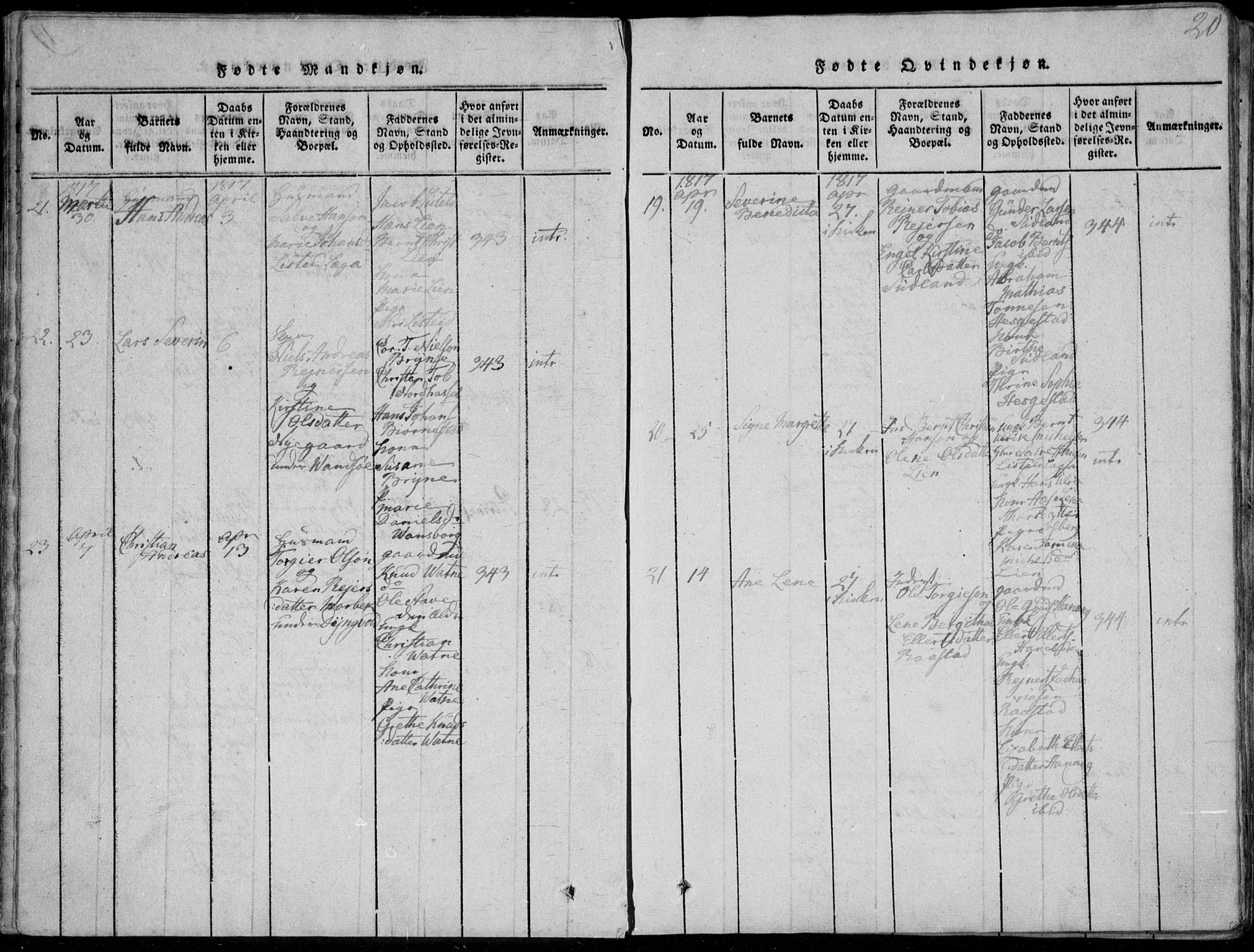Lista sokneprestkontor, SAK/1111-0027/F/Fa/L0007: Parish register (official) no. A 7, 1816-1823, p. 20