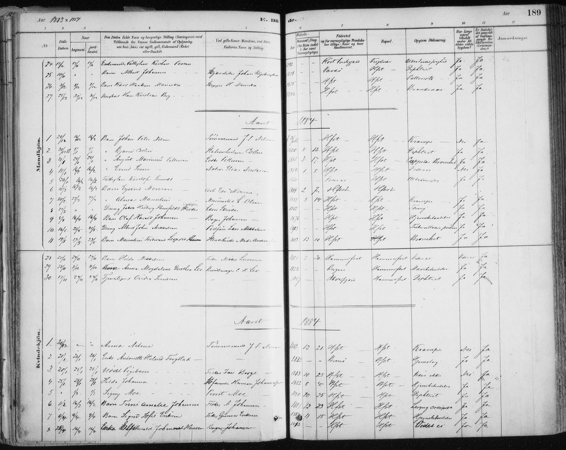 Hammerfest sokneprestkontor, SATØ/S-1347/H/Ha/L0008.kirke: Parish register (official) no. 8, 1878-1889, p. 189