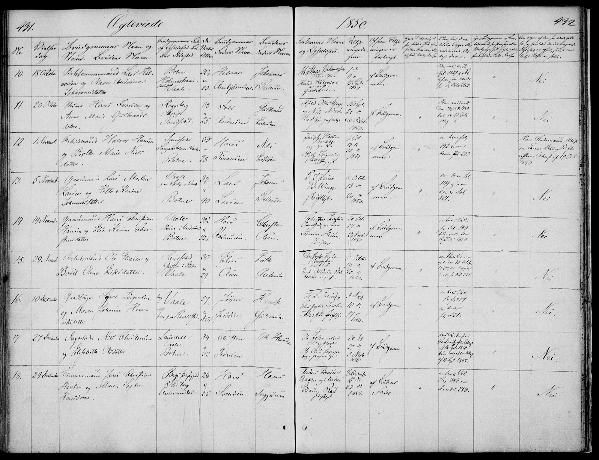 Våle kirkebøker, SAKO/A-334/F/Fa/L0009a: Parish register (official) no. I 9A, 1839-1860, p. 431-432