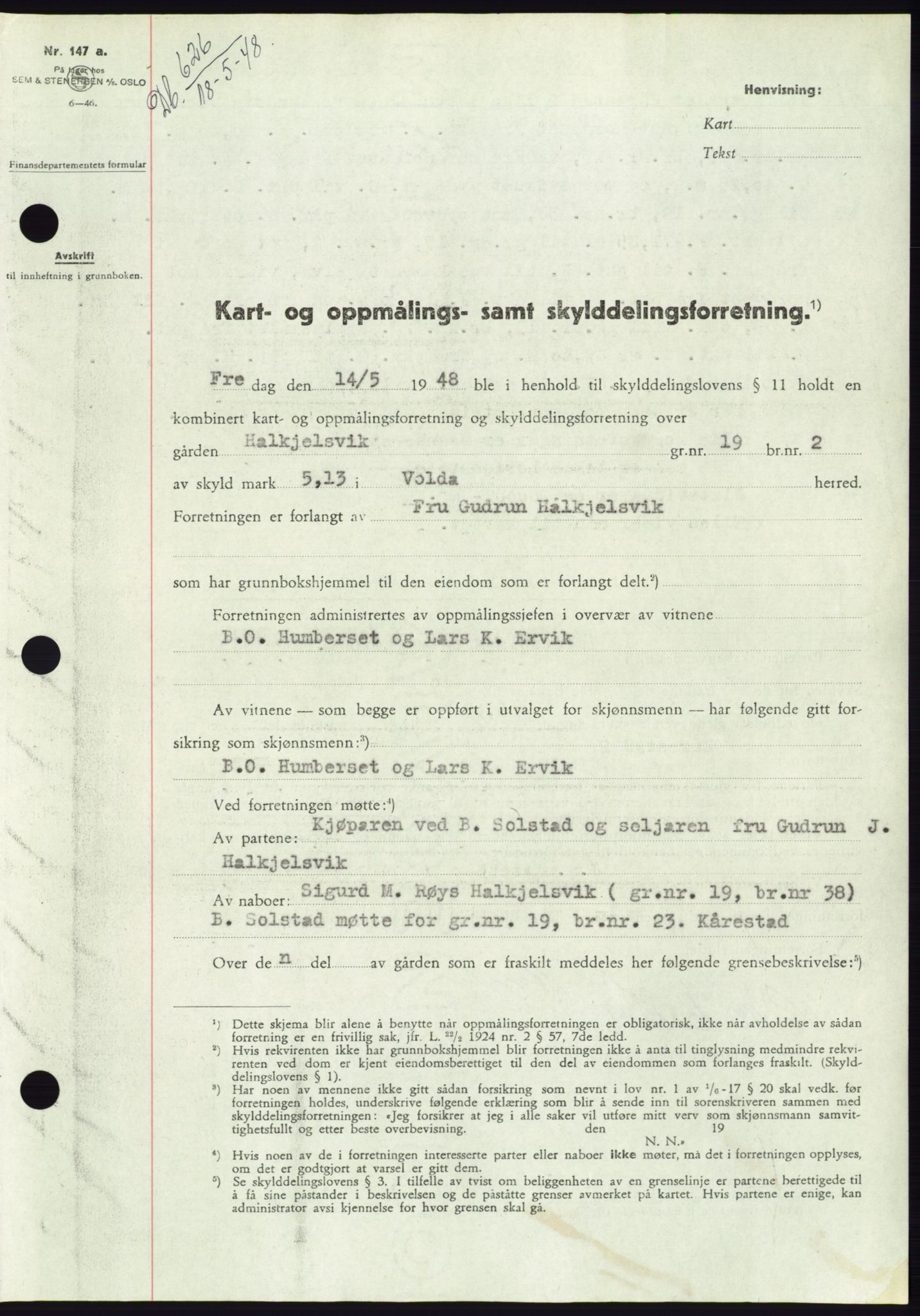 Søre Sunnmøre sorenskriveri, AV/SAT-A-4122/1/2/2C/L0082: Mortgage book no. 8A, 1948-1948, Diary no: : 626/1948