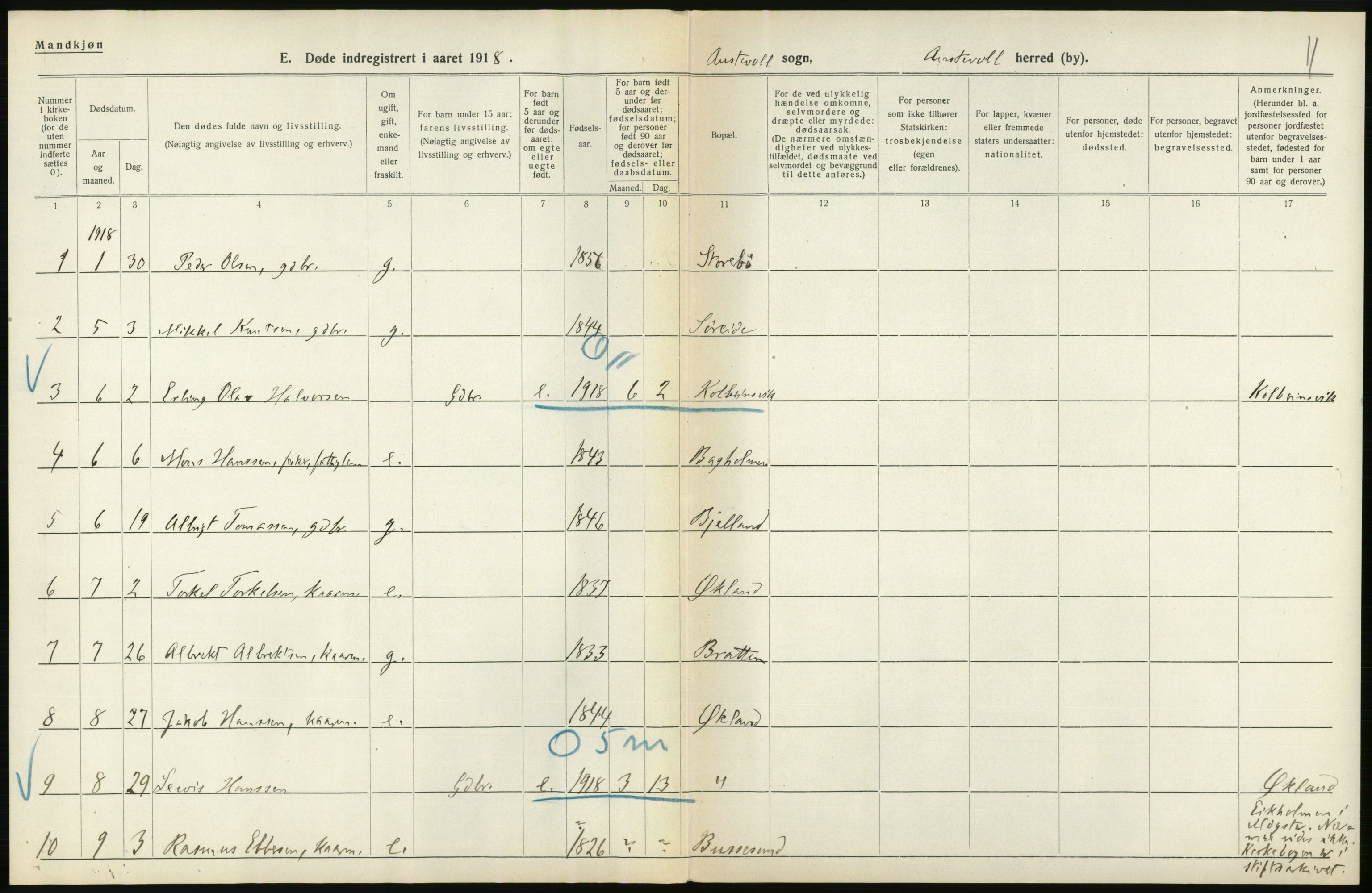 Statistisk sentralbyrå, Sosiodemografiske emner, Befolkning, AV/RA-S-2228/D/Df/Dfb/Dfbh/L0036: Hordaland fylke: Døde., 1918, p. 154